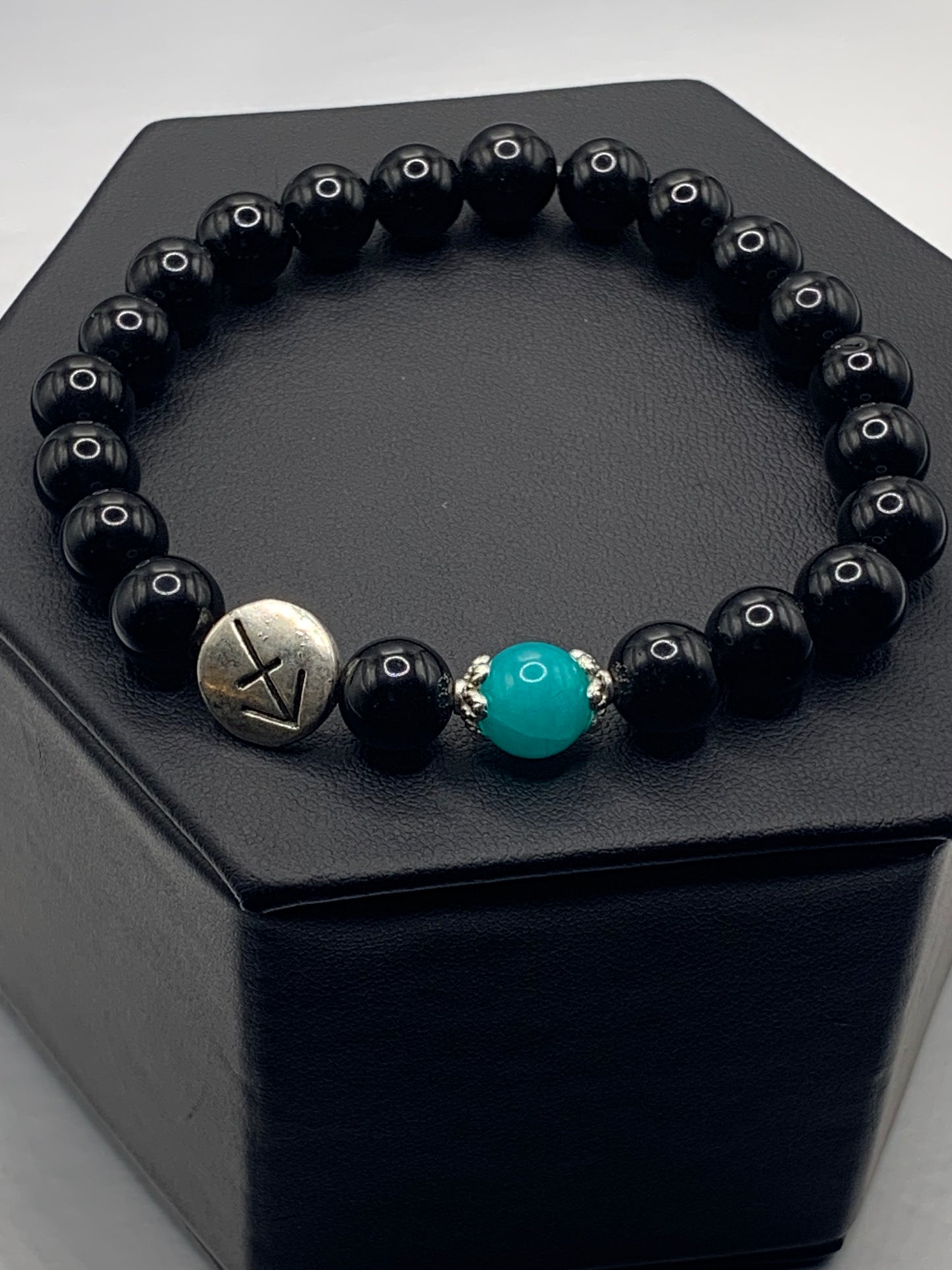 Sagittarius Zodiac black obsidian with aquamarine chalcedony semi precious stone/crystal elastic beaded bracelet