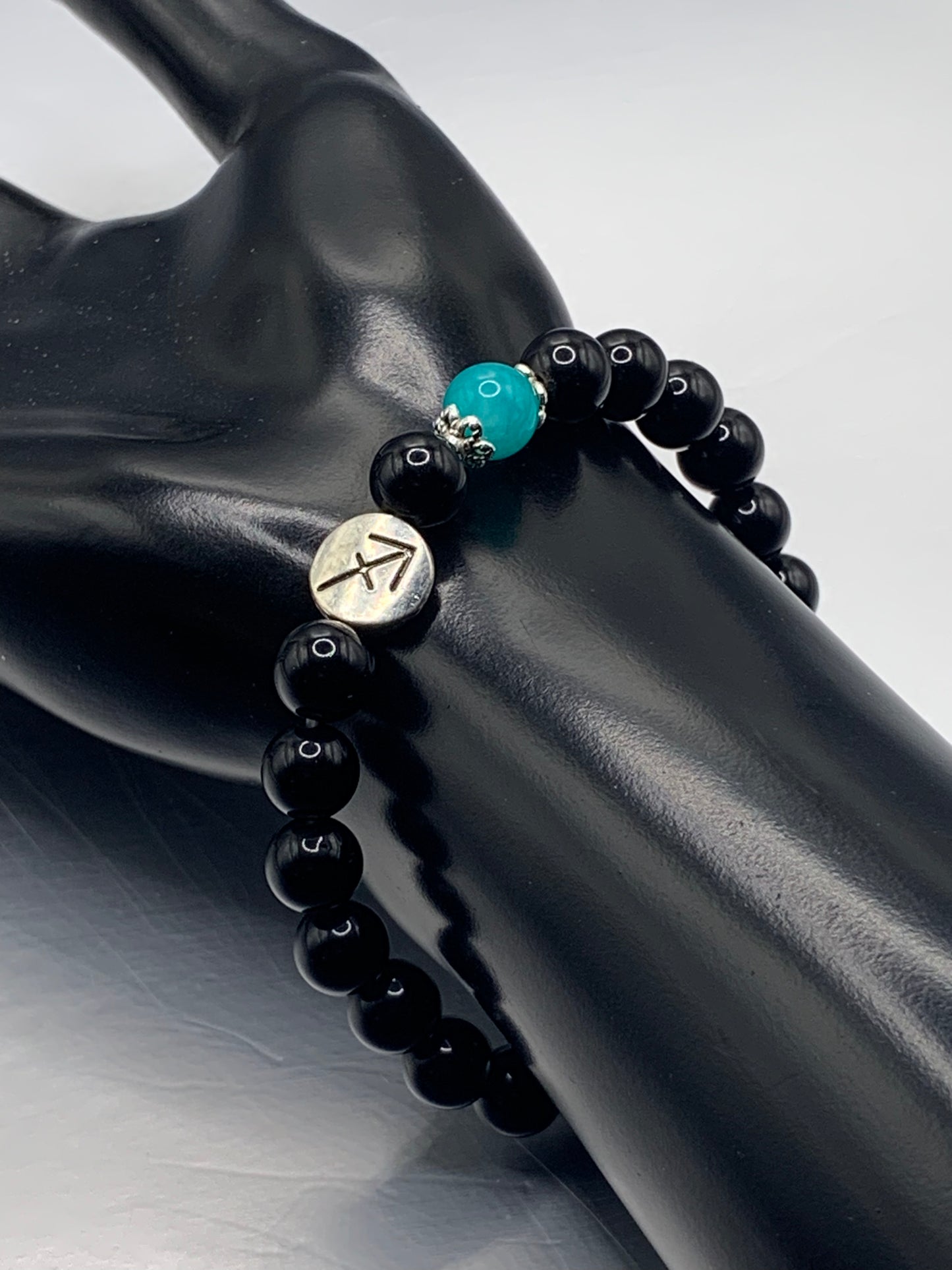 Sagittarius Zodiac black obsidian with aquamarine chalcedony semi precious stone/crystal elastic beaded bracelet