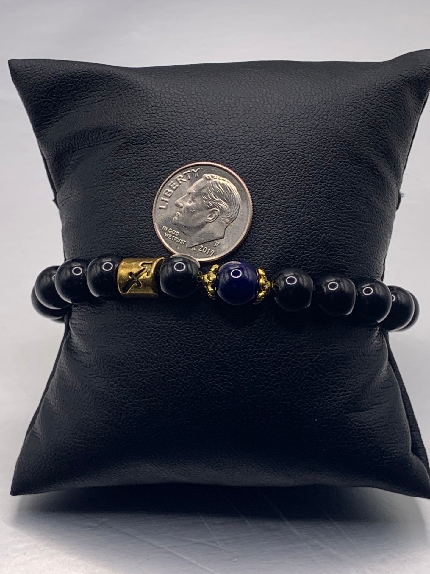 Sagittarius Zodiac black obsidian with blue lace agate semi precious stone/crystal elastic beaded bracelet with gold accents