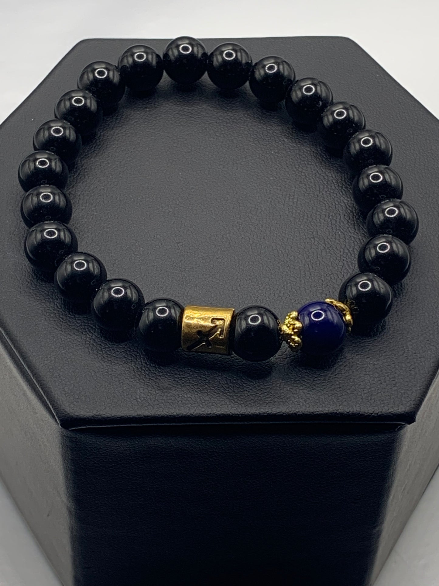 Sagittarius Zodiac black obsidian with blue lace agate semi precious stone/crystal elastic beaded bracelet with gold accents
