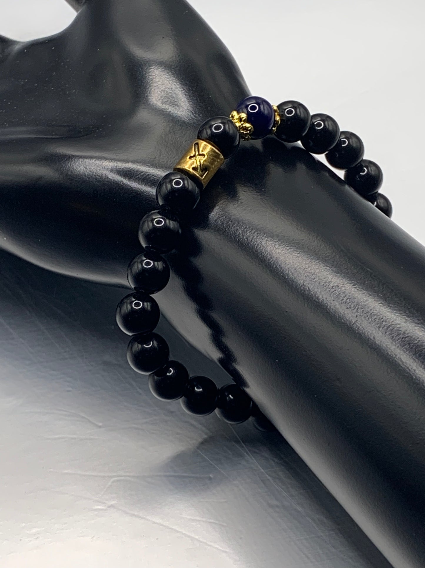 Sagittarius Zodiac black obsidian with blue lace agate semi precious stone/crystal elastic beaded bracelet with gold accents