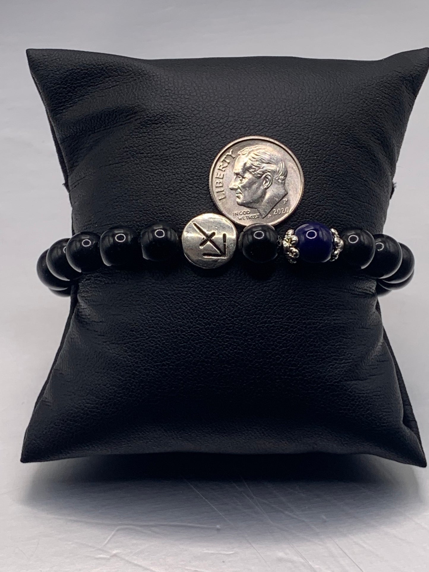 Sagittarius Zodiac black obsidian with blue lace agate semi precious stone/crystal elastic beaded bracelet with silver accents