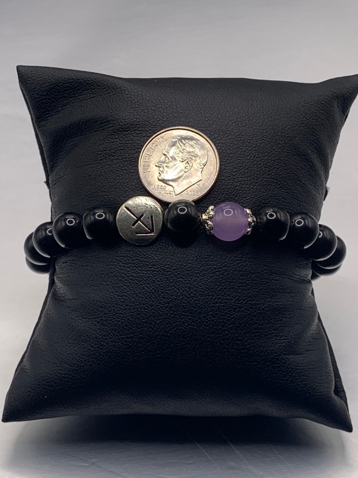 Sagittarius Zodiac black obsidian with lavender agate semi precious stone/crystal elastic beaded bracelet with silver accents