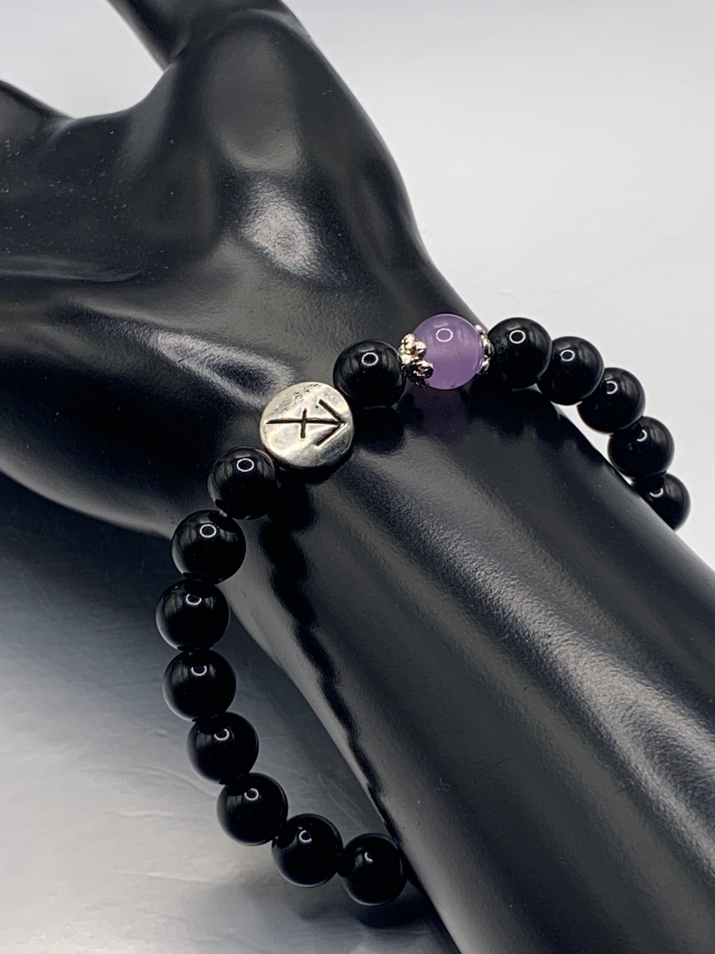 Sagittarius Zodiac black obsidian with lavender agate semi precious stone/crystal elastic beaded bracelet with silver accents