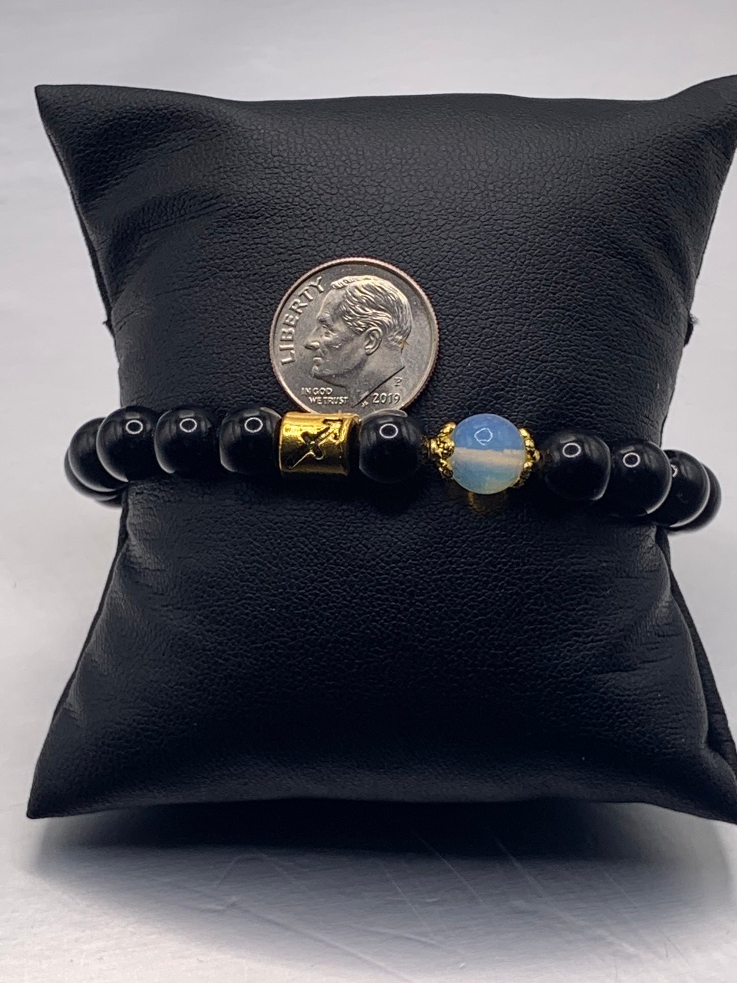 Sagittarius Zodiac black obsidian with opalite semi precious stone/crystal elastic beaded bracelet