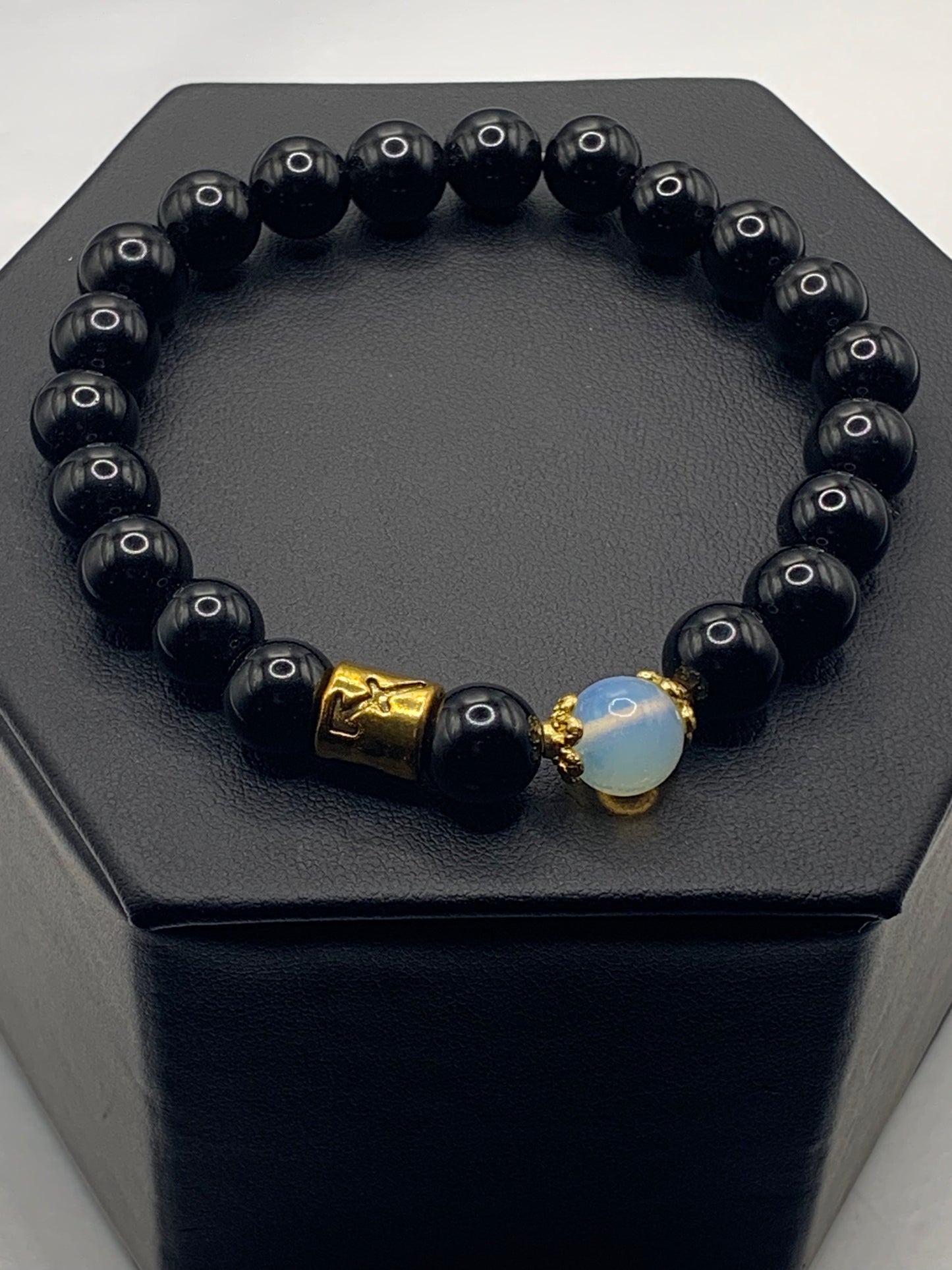 Sagittarius Zodiac black obsidian with opalite semi precious stone/crystal elastic beaded bracelet