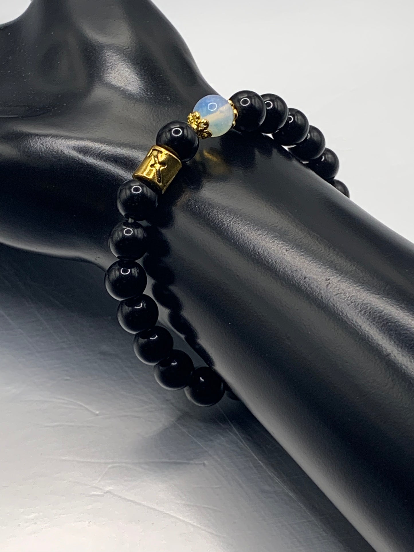 Sagittarius Zodiac black obsidian with opalite semi precious stone/crystal elastic beaded bracelet