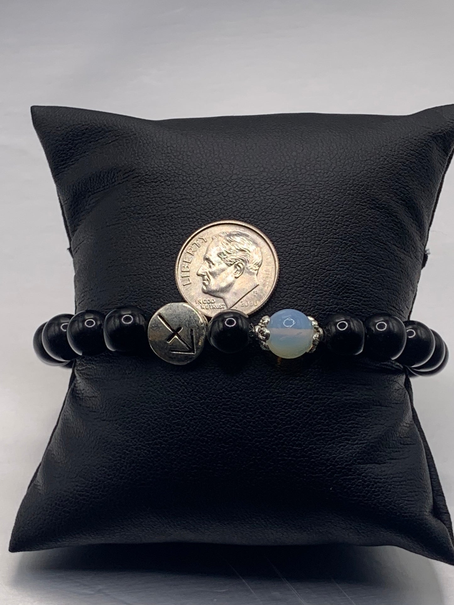Sagittarius Zodiac black obsidian with opalite semi precious stone/crystal elastic beaded bracelet