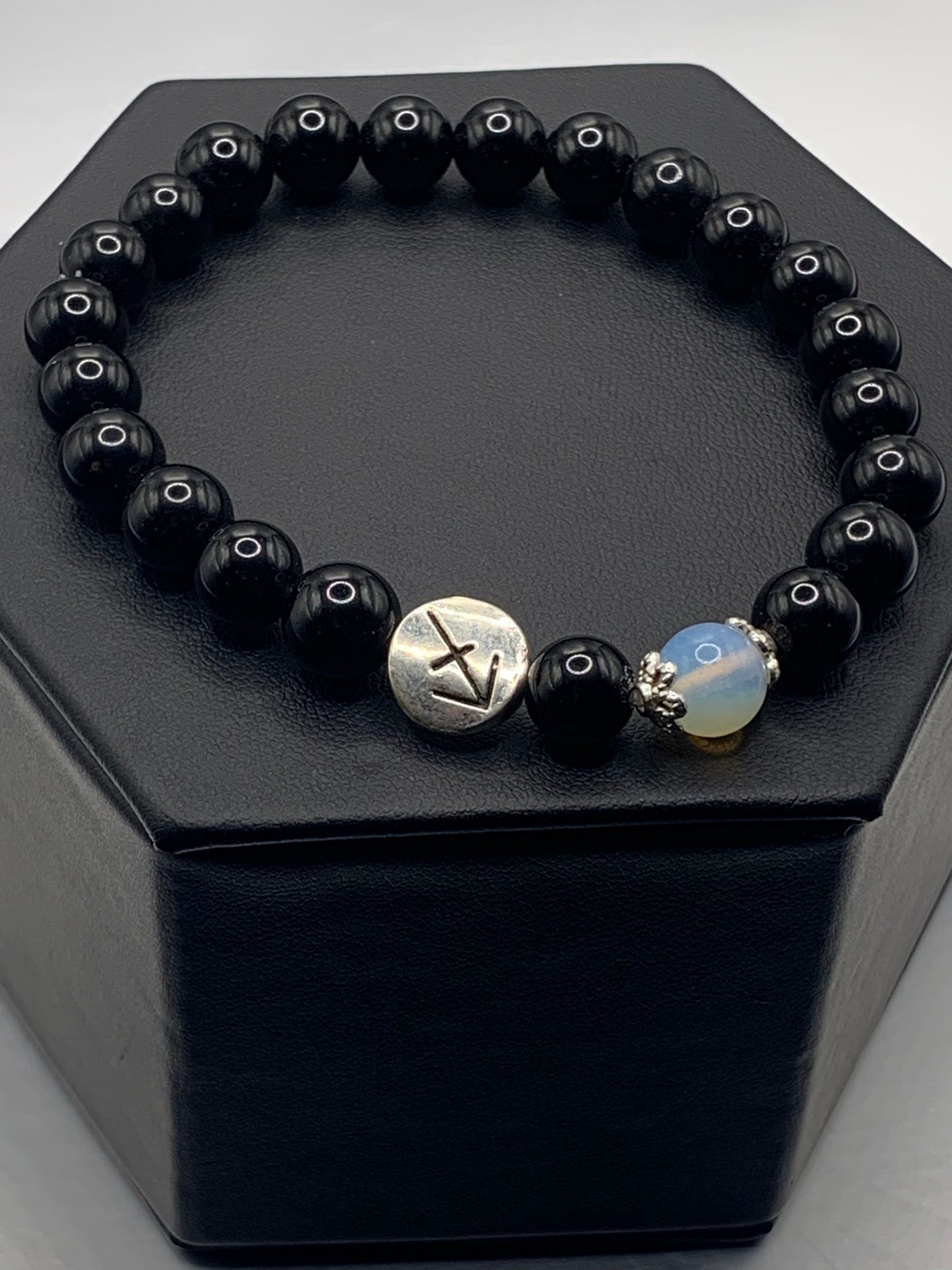 Sagittarius Zodiac black obsidian with opalite semi precious stone/crystal elastic beaded bracelet