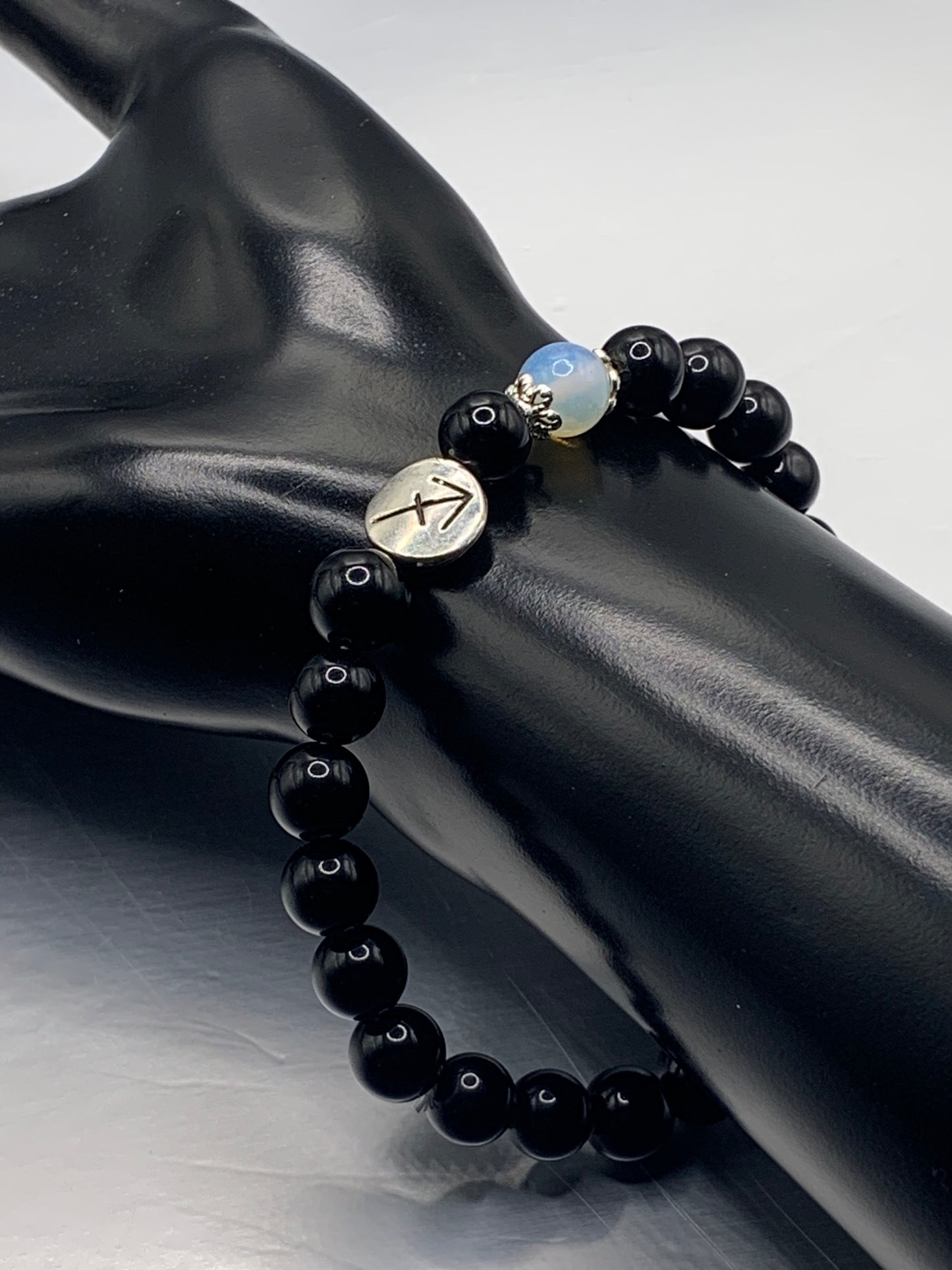Sagittarius Zodiac black obsidian with opalite semi precious stone/crystal elastic beaded bracelet