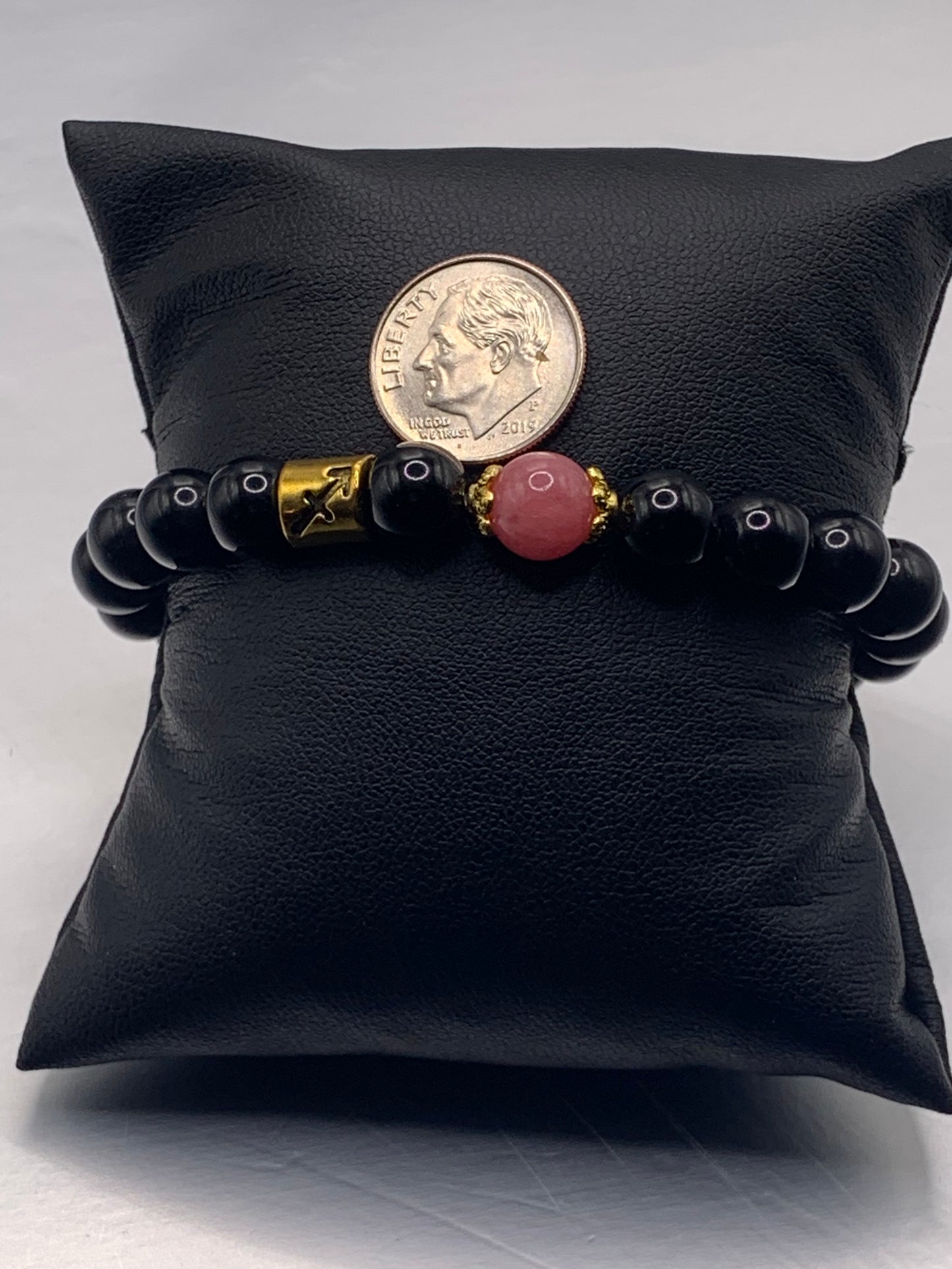 Sagittarius Zodiac black obsidian with pink chalcedony semi precious stone/crystal elastic beaded bracelet