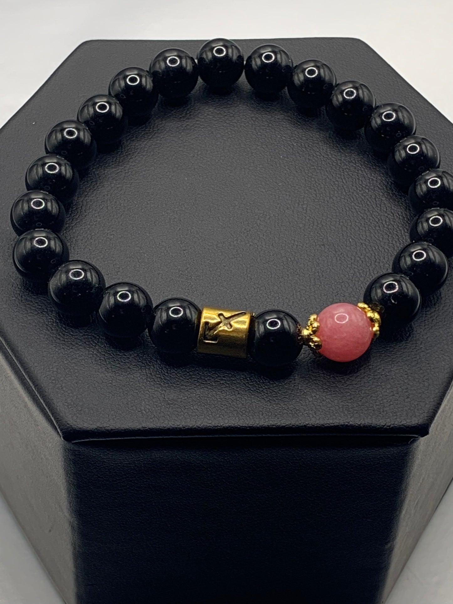 Sagittarius Zodiac black obsidian with pink chalcedony semi precious stone/crystal elastic beaded bracelet