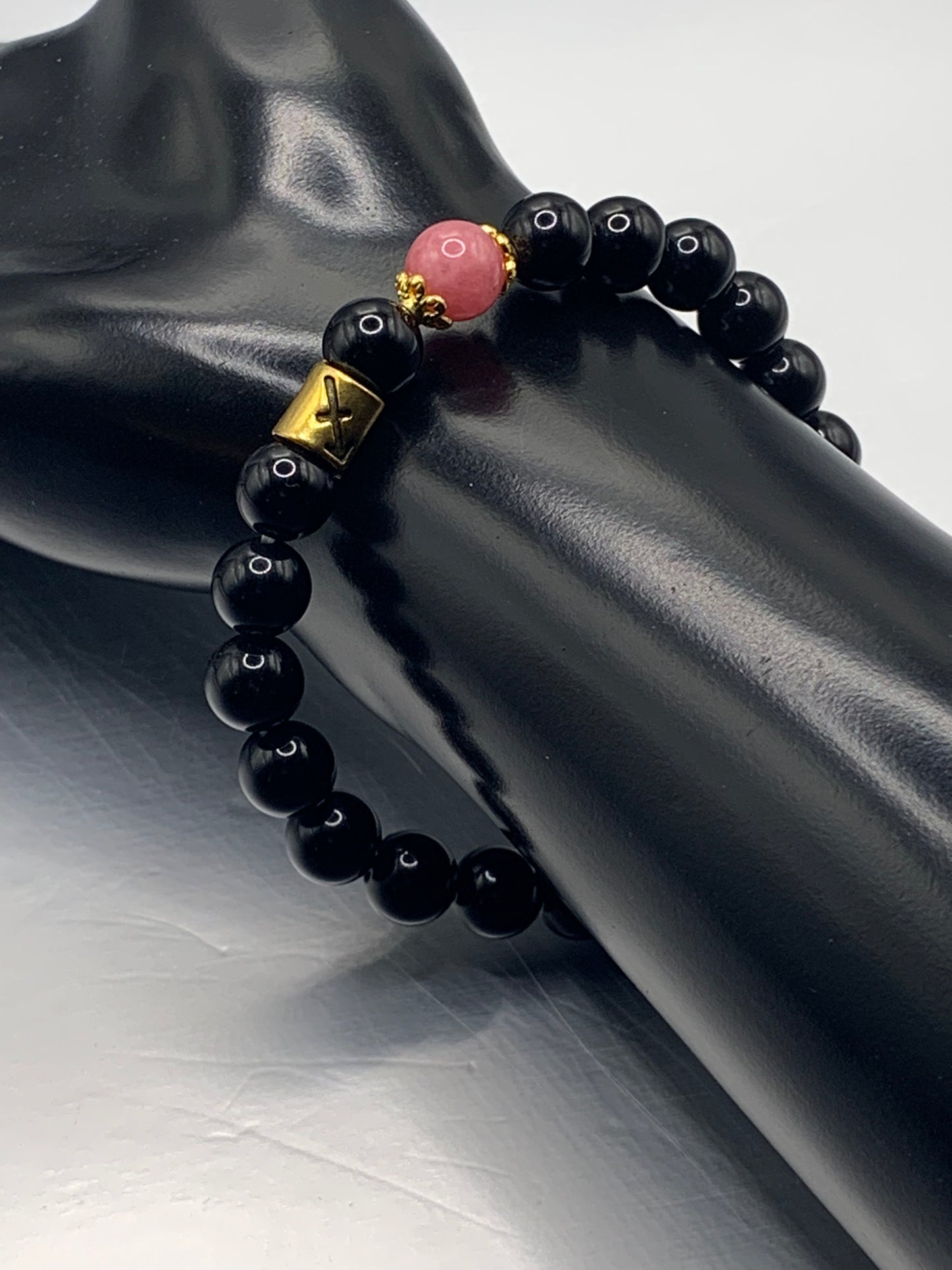 Sagittarius Zodiac black obsidian with pink chalcedony semi precious stone/crystal elastic beaded bracelet