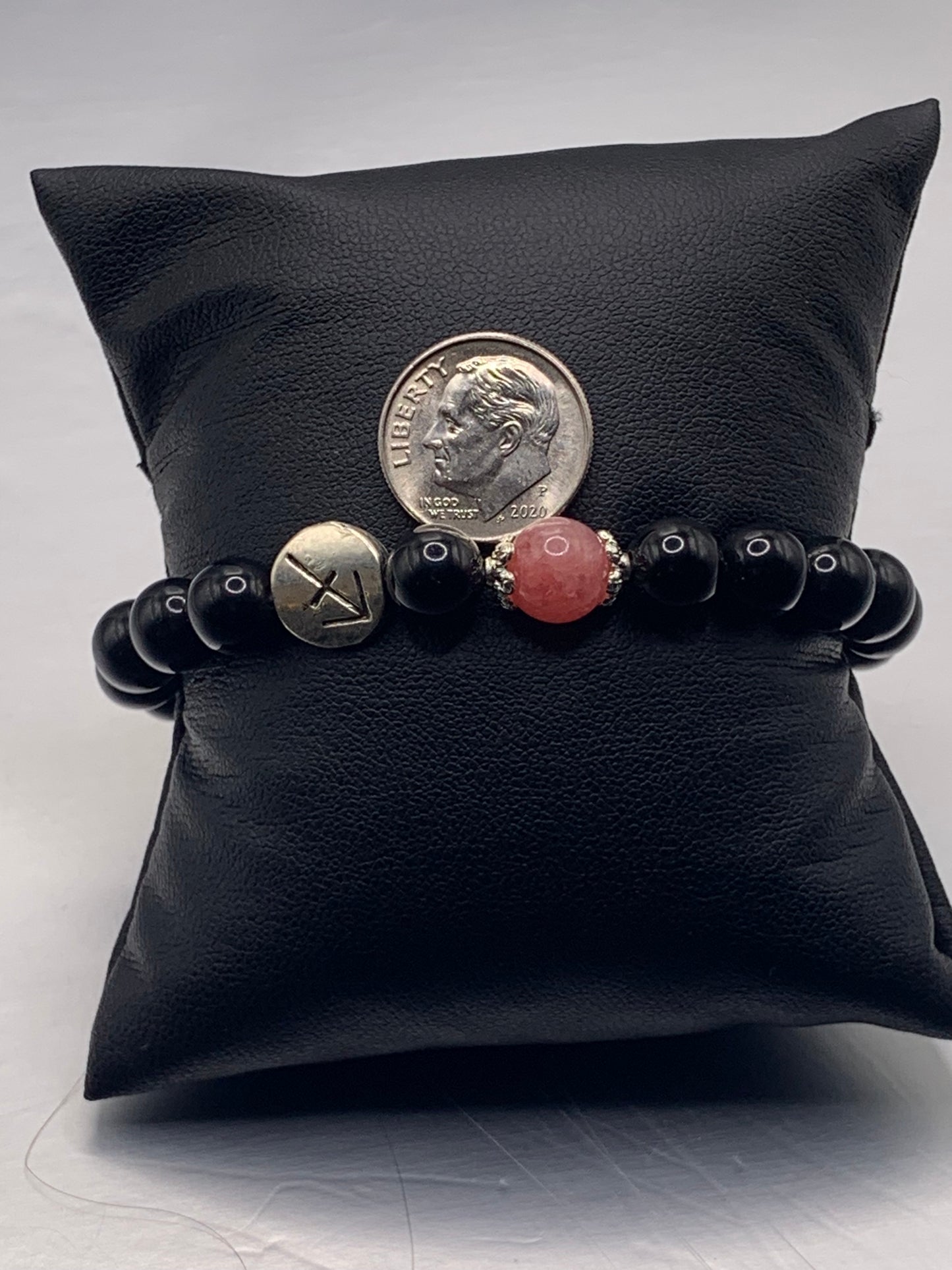 Sagittarius Zodiac black obsidian with pink chalcedony semi precious stone/crystal elastic beaded bracelet with silver accents