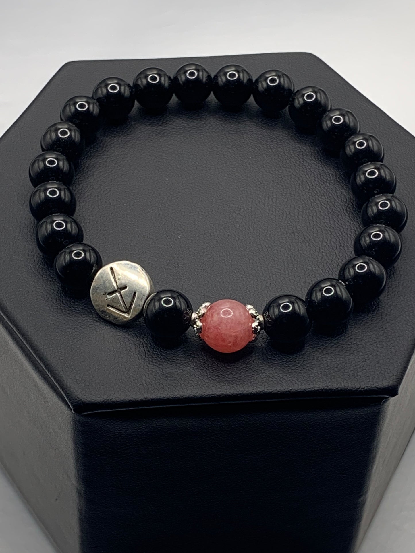 Sagittarius Zodiac black obsidian with pink chalcedony semi precious stone/crystal elastic beaded bracelet with silver accents