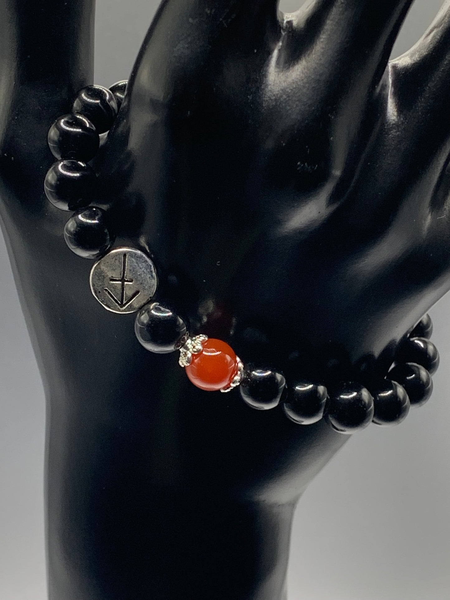 Sagittarius Zodiac black obsidian with red agate semi precious stone/crystal elastic beaded bracelet