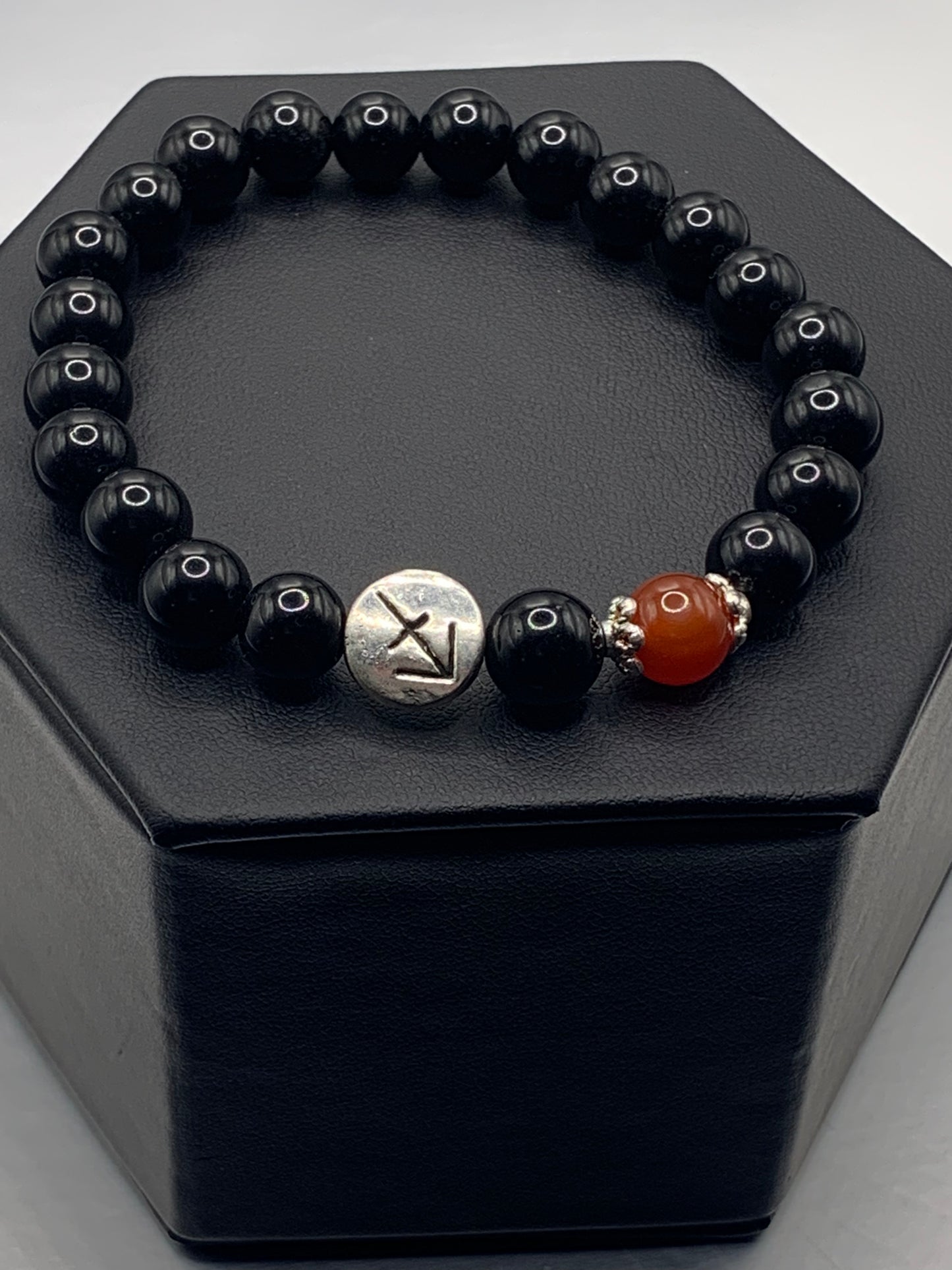 Sagittarius Zodiac black obsidian with red agate semi precious stone/crystal elastic beaded bracelet
