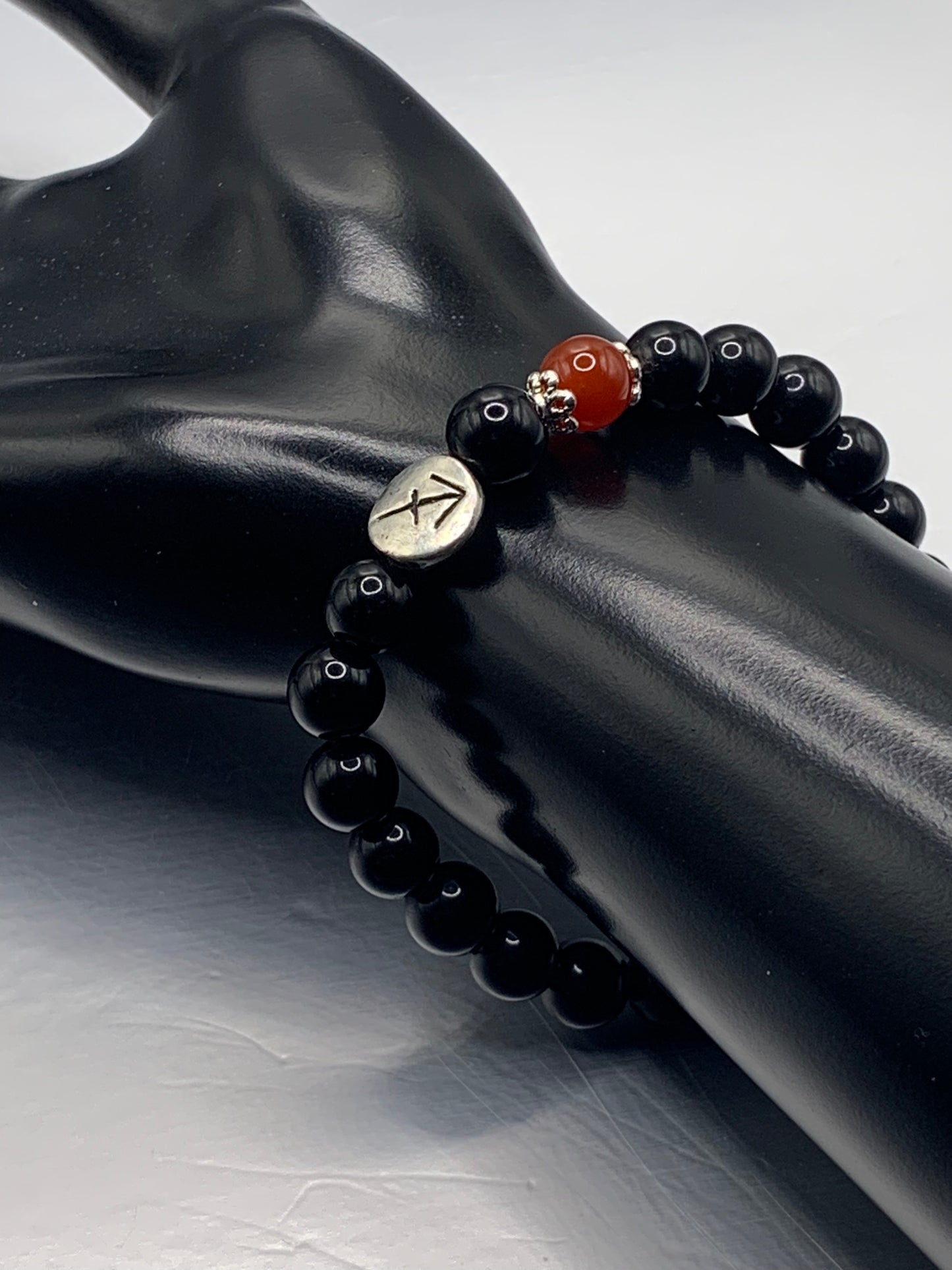 Sagittarius Zodiac black obsidian with red agate semi precious stone/crystal elastic beaded bracelet