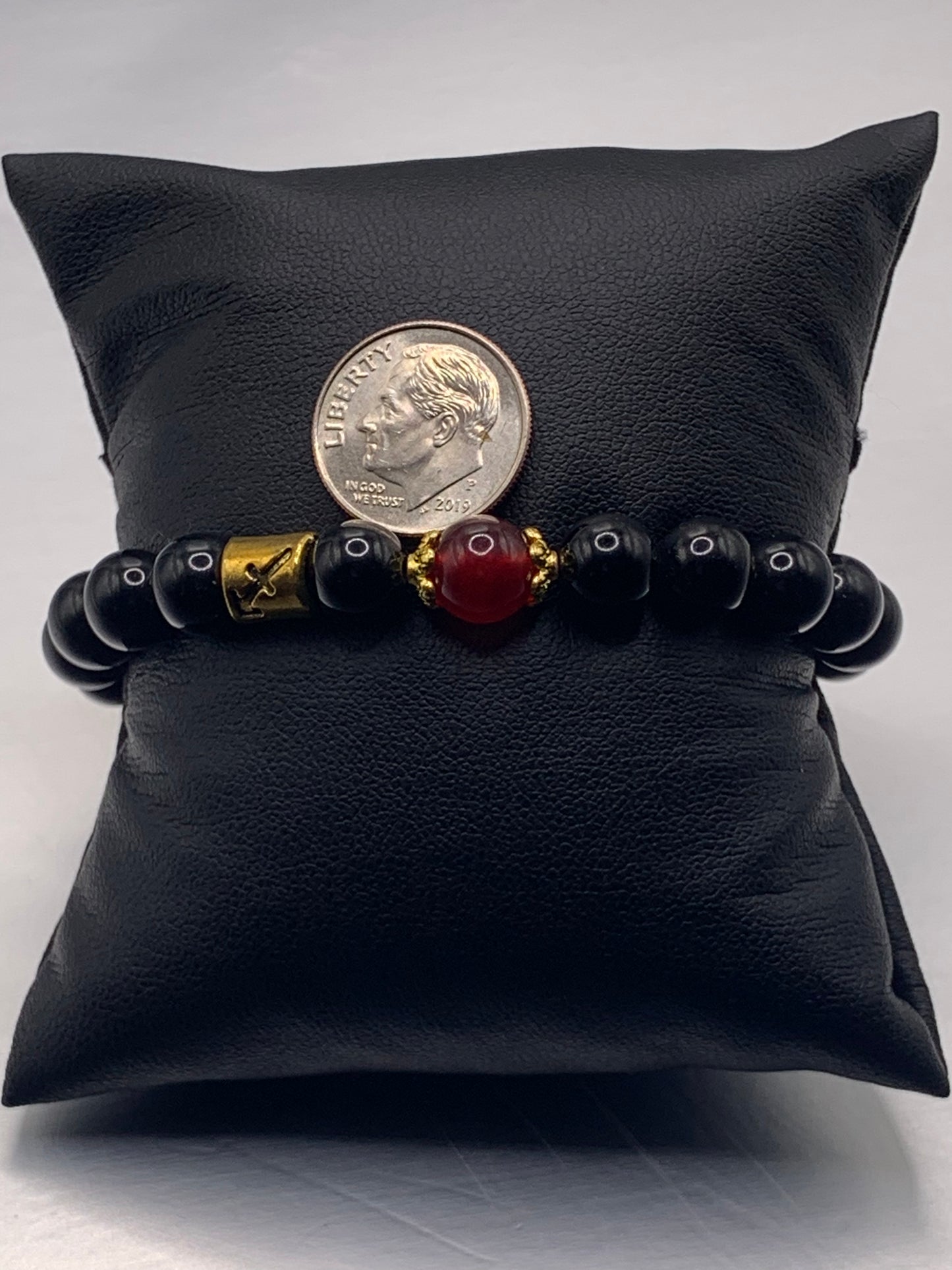 Sagittarius Zodiac black obsidian with red chalcedony semi precious stone/crystal elastic beaded bracelet with gold accents