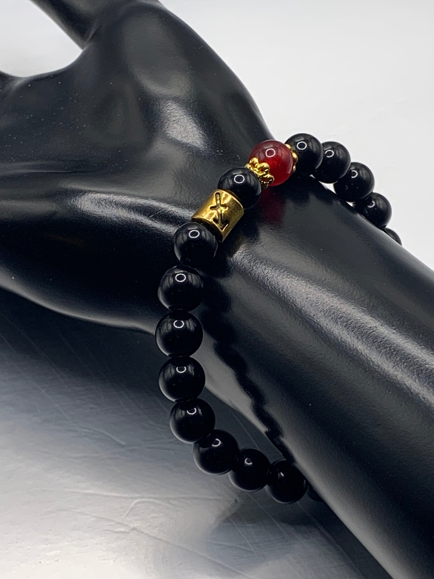 Sagittarius Zodiac black obsidian with red chalcedony semi precious stone/crystal elastic beaded bracelet with gold accents