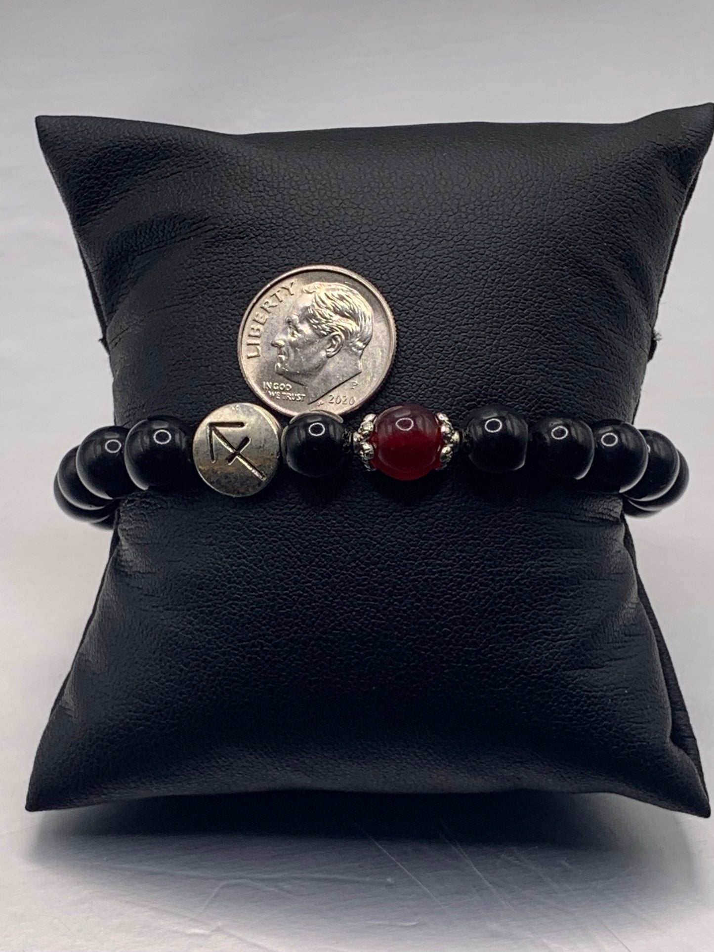 Sagittarius Zodiac black obsidian with red chalcedony semi precious stone/crystal elastic beaded bracelet with silver accents