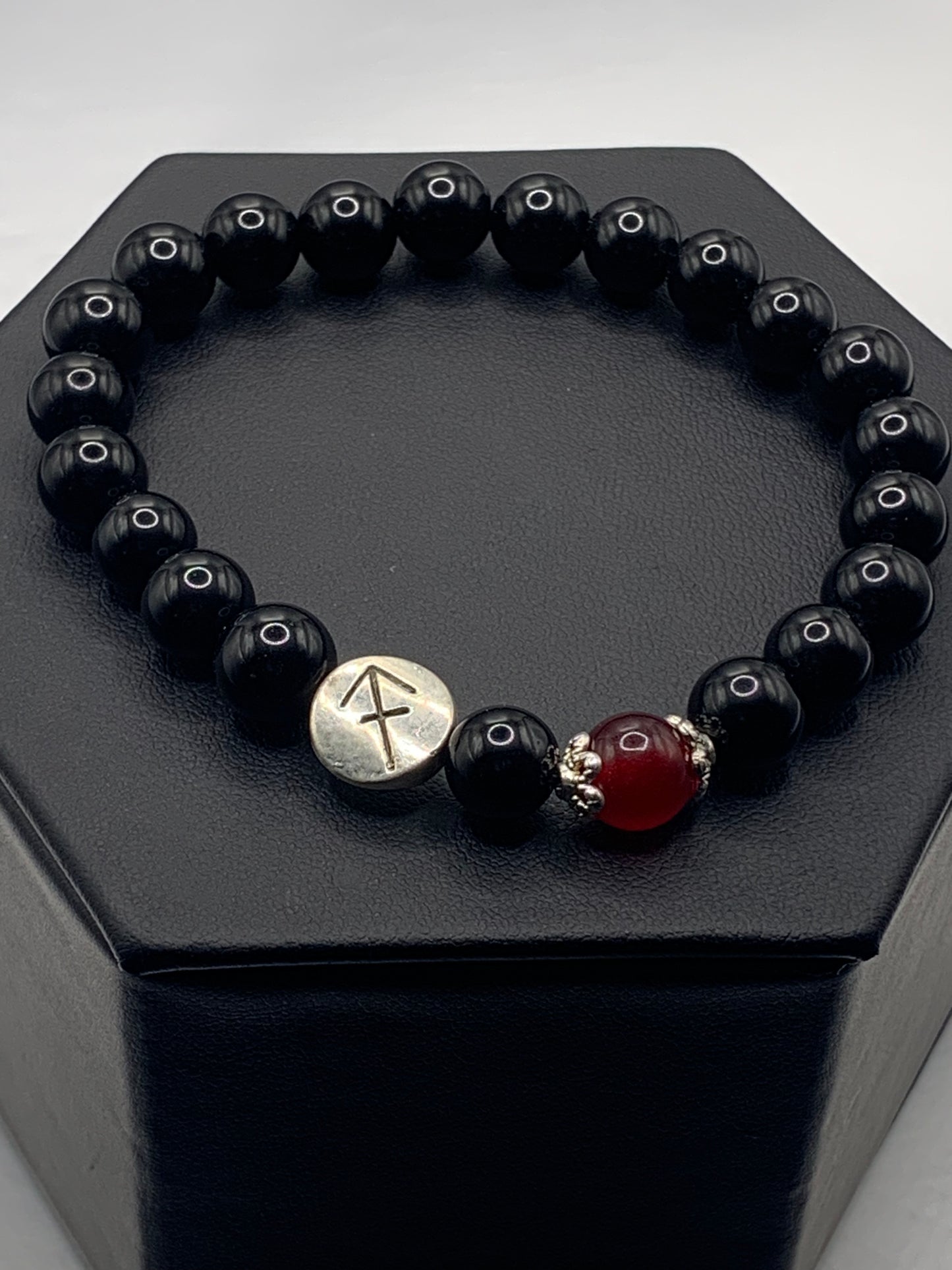 Sagittarius Zodiac black obsidian with red chalcedony semi precious stone/crystal elastic beaded bracelet with silver accents