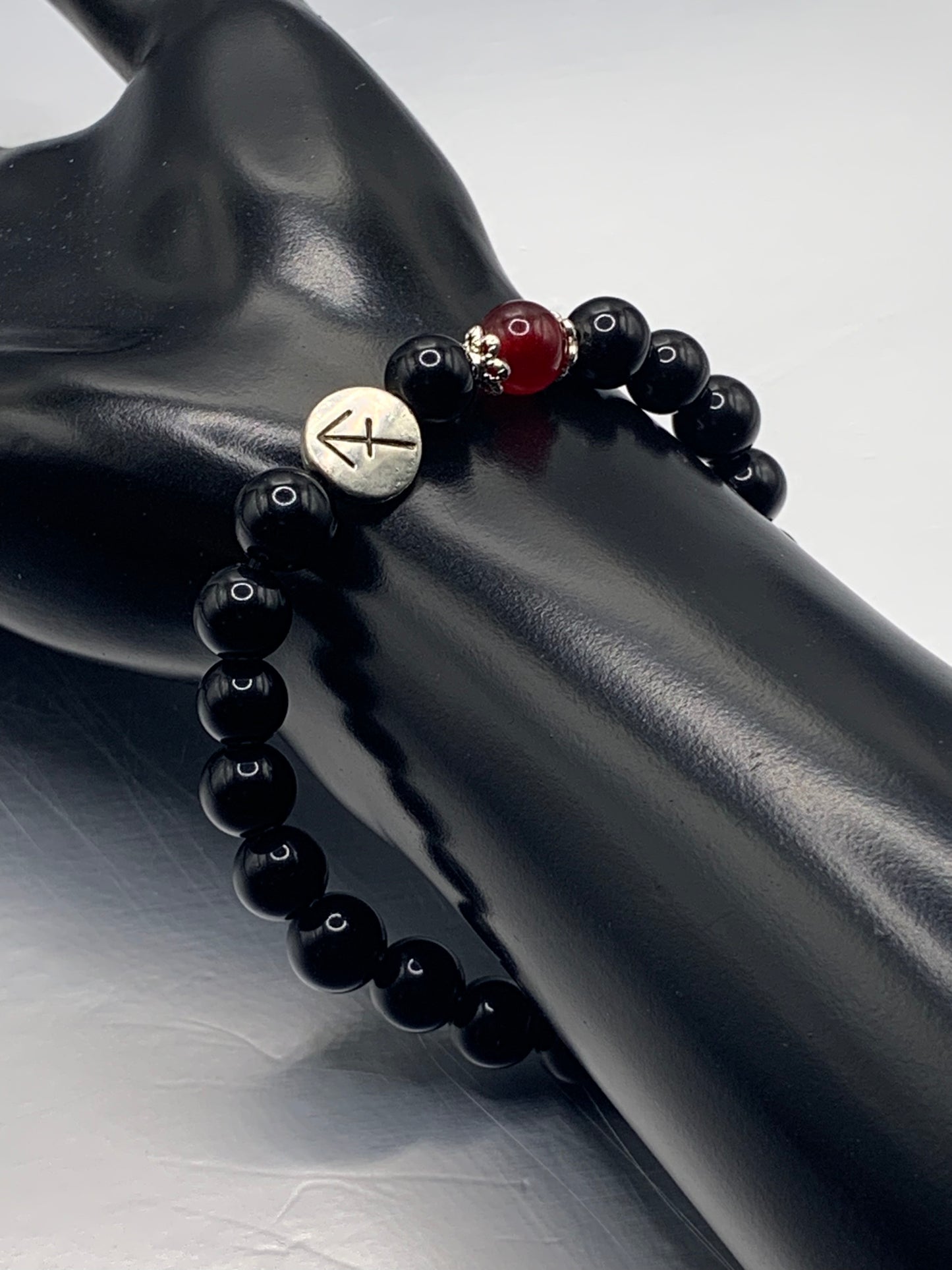 Sagittarius Zodiac black obsidian with red chalcedony semi precious stone/crystal elastic beaded bracelet with silver accents