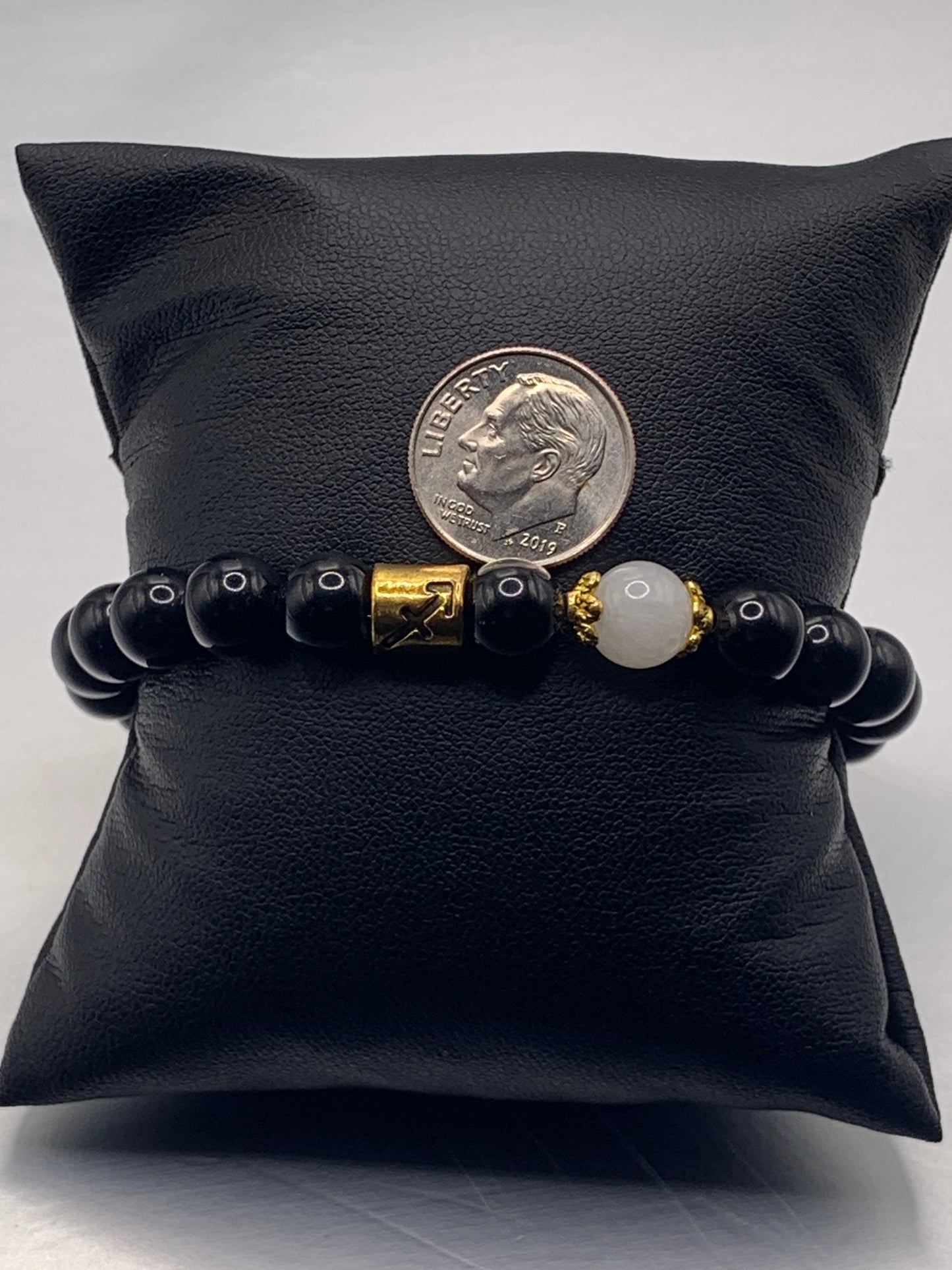 Sagittarius Zodiac black obsidian with white chalcedony semi precious stone/crystal elastic beaded bracelet with gold accents