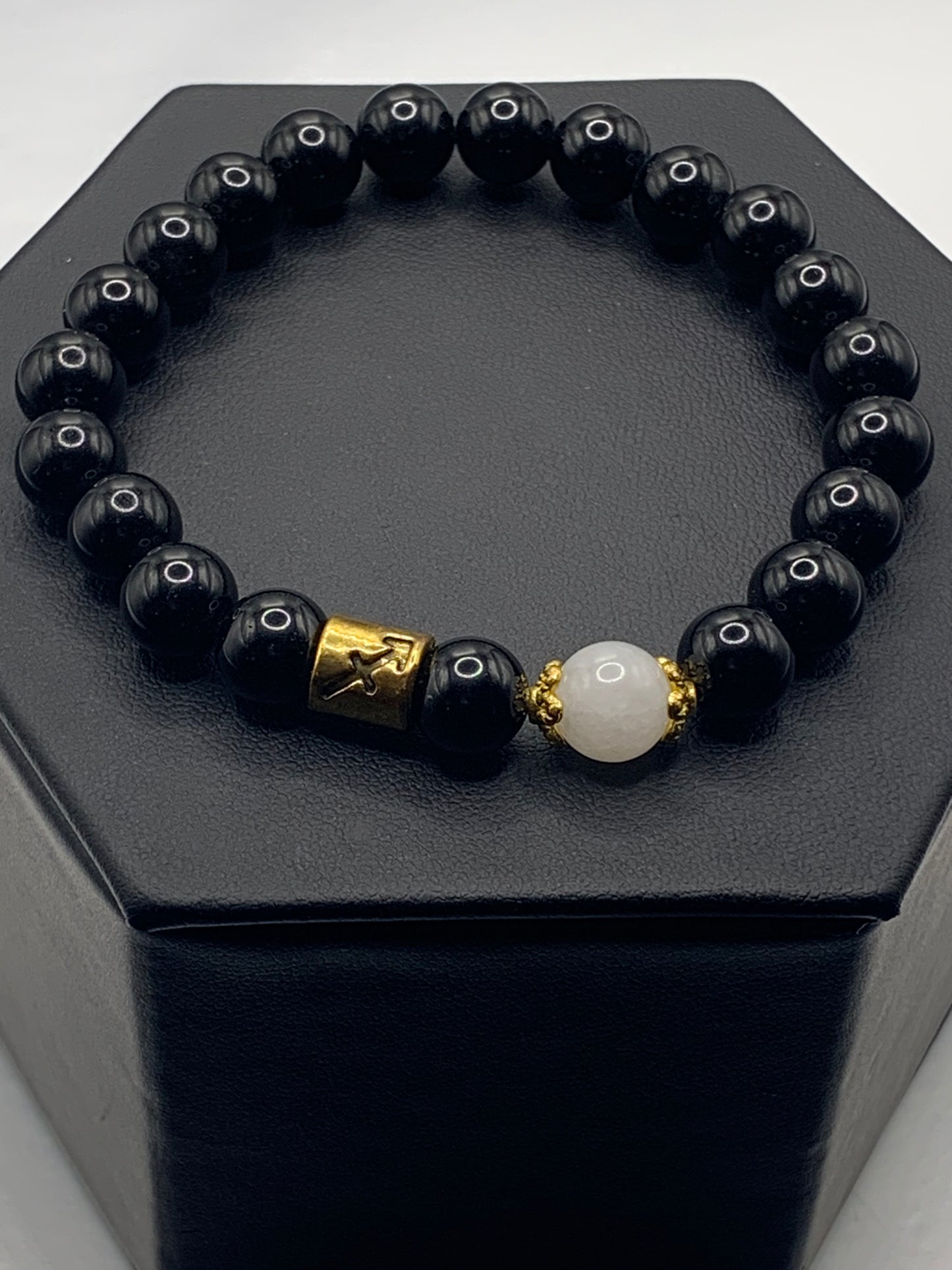 Sagittarius Zodiac black obsidian with white chalcedony semi precious stone/crystal elastic beaded bracelet with gold accents