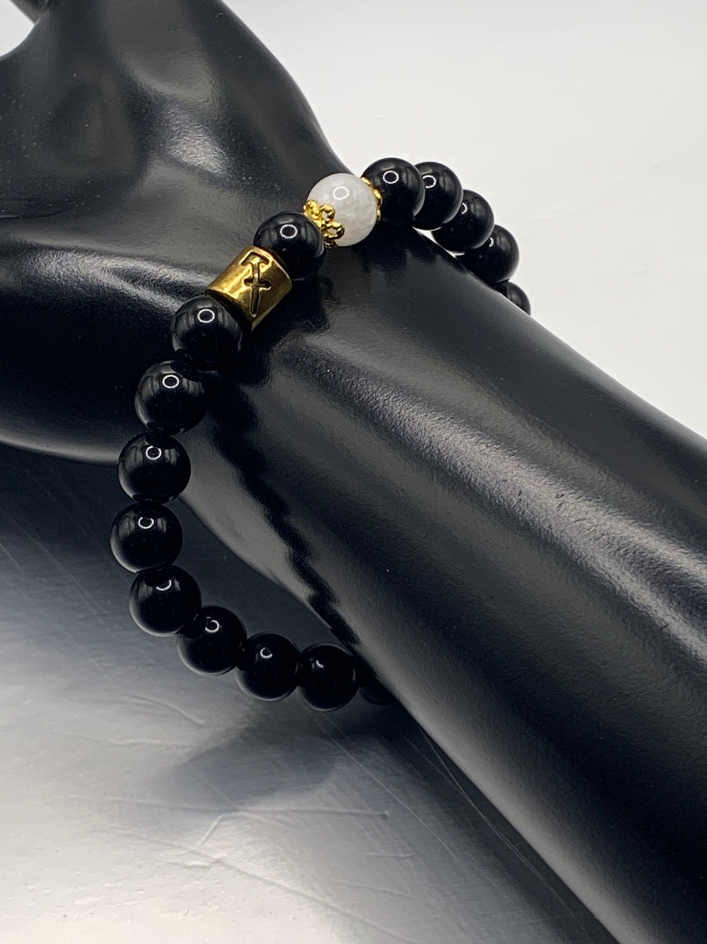 Sagittarius Zodiac black obsidian with white chalcedony semi precious stone/crystal elastic beaded bracelet with gold accents