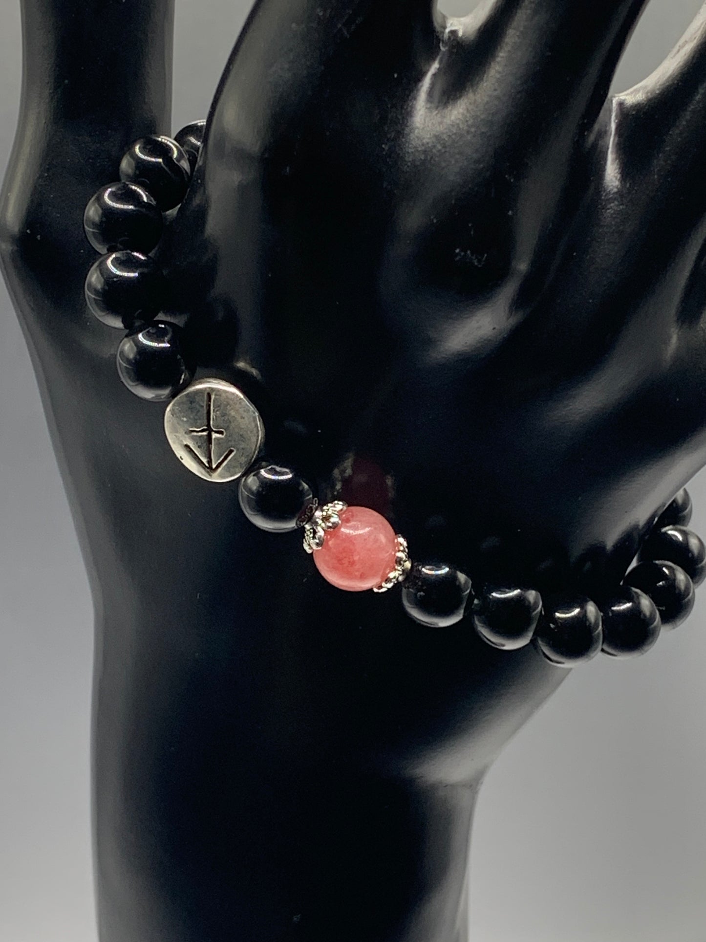 Sagittarius Zodiac black obsidian with pink chalcedony semi precious stone/crystal elastic beaded bracelet with silver accents