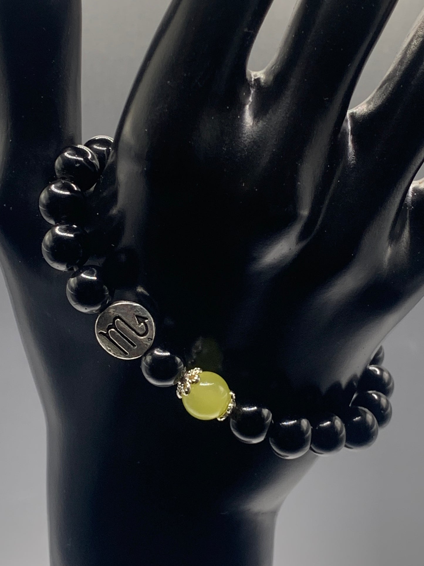 Scorpio Zodiac black obsidian with apple agate semi precious stone/crystal elastic beaded bracelet with silver accents