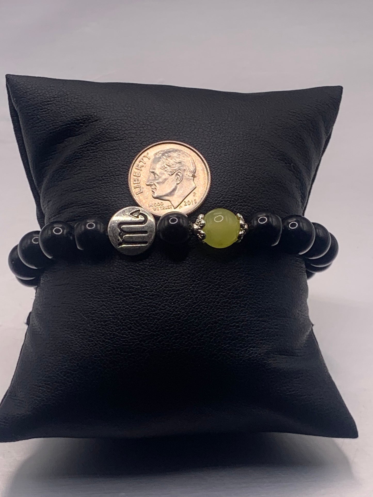 Scorpio Zodiac black obsidian with apple agate semi precious stone/crystal elastic beaded bracelet with silver accents