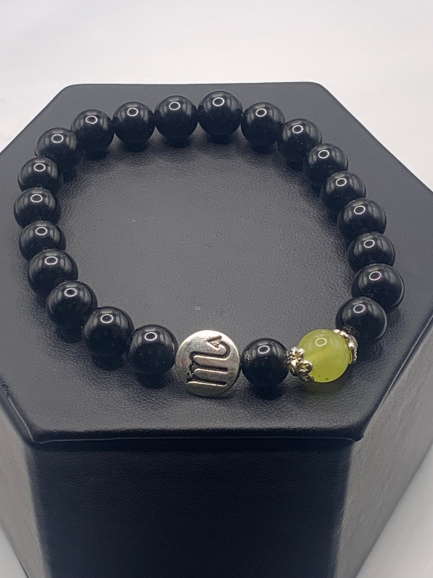 Scorpio Zodiac black obsidian with apple agate semi precious stone/crystal elastic beaded bracelet with silver accents