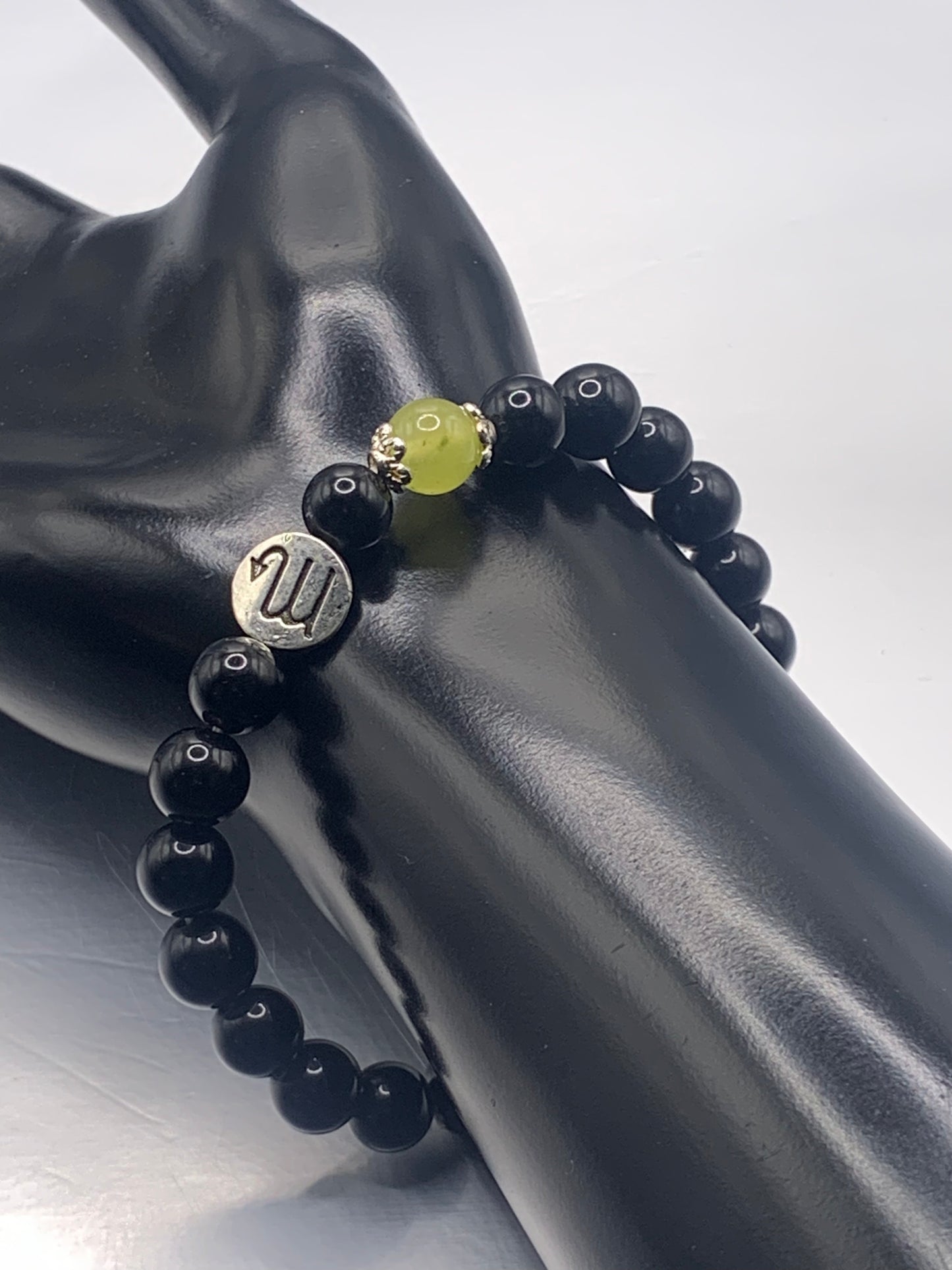 Scorpio Zodiac black obsidian with apple agate semi precious stone/crystal elastic beaded bracelet with silver accents
