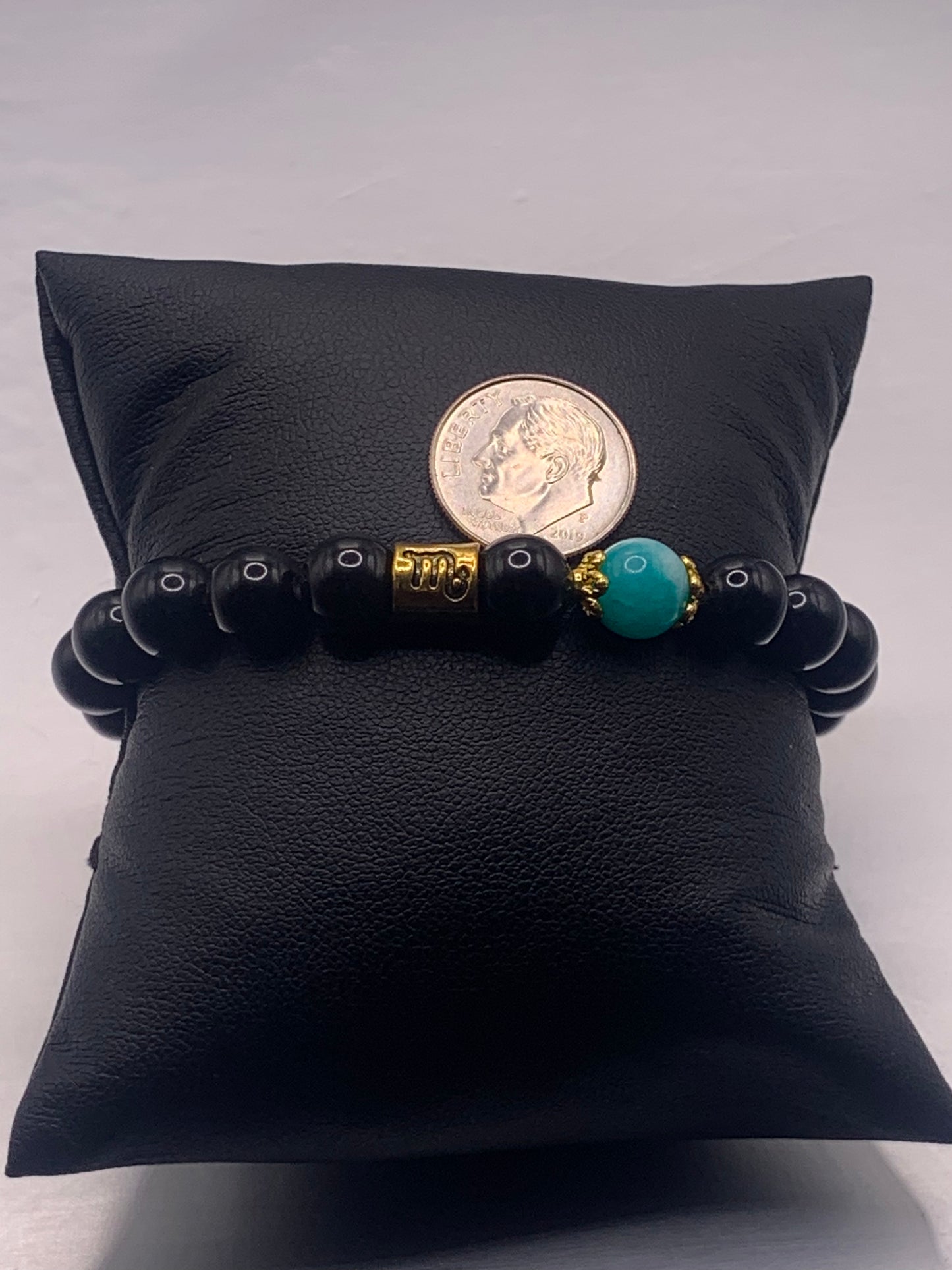 Scorpio Zodiac black obsidian with aquamarine chalcedony semi precious stone/crystal elastic beaded bracelet with gold accents