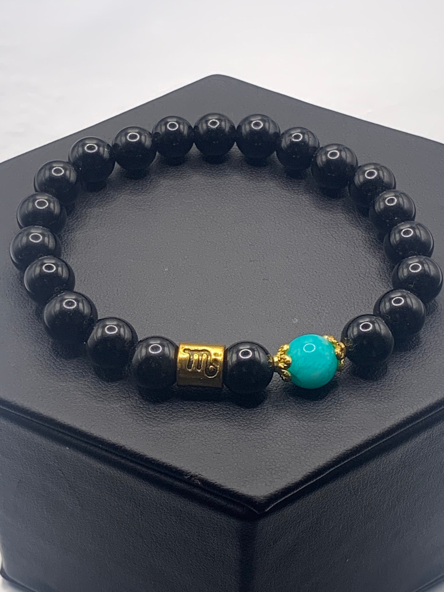 Scorpio Zodiac black obsidian with aquamarine chalcedony semi precious stone/crystal elastic beaded bracelet with gold accents
