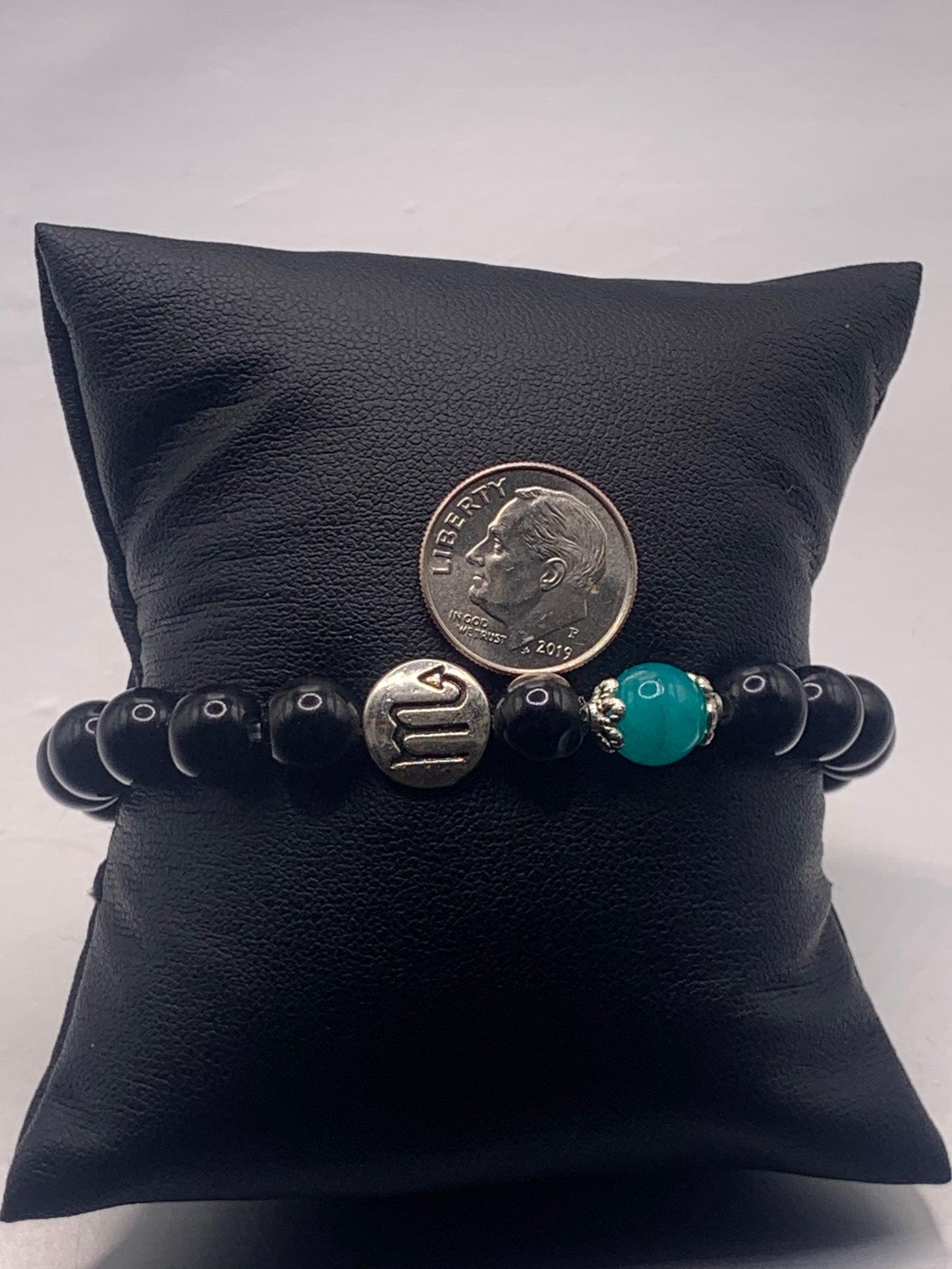 Scorpio Zodiac black obsidian with aquamarine chalcedony semi precious stone/crystal elastic beaded bracelet with silver accents