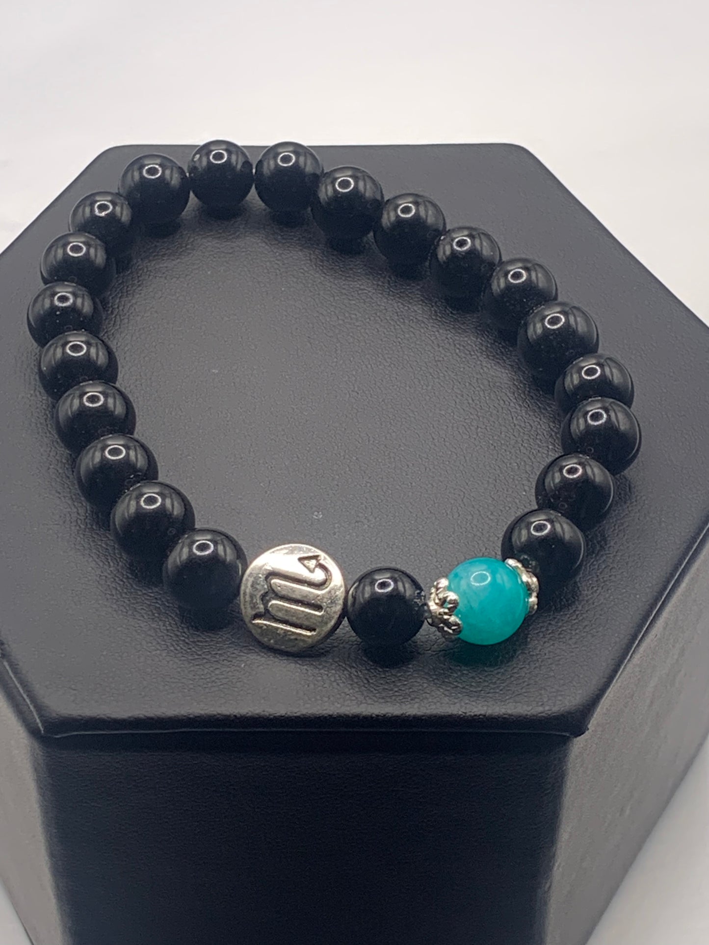 Scorpio Zodiac black obsidian with aquamarine chalcedony semi precious stone/crystal elastic beaded bracelet with silver accents
