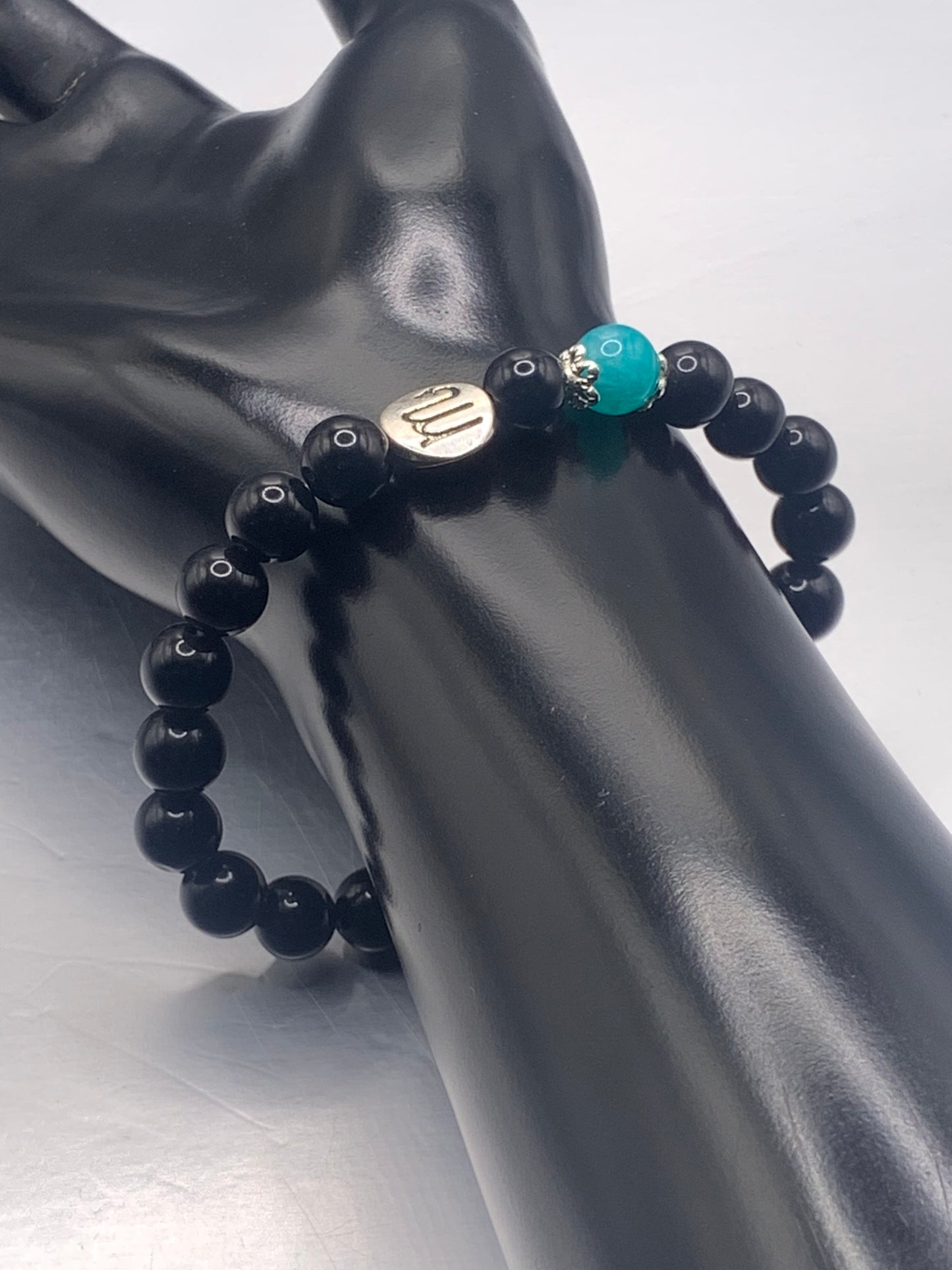 Scorpio Zodiac black obsidian with aquamarine chalcedony semi precious stone/crystal elastic beaded bracelet with silver accents