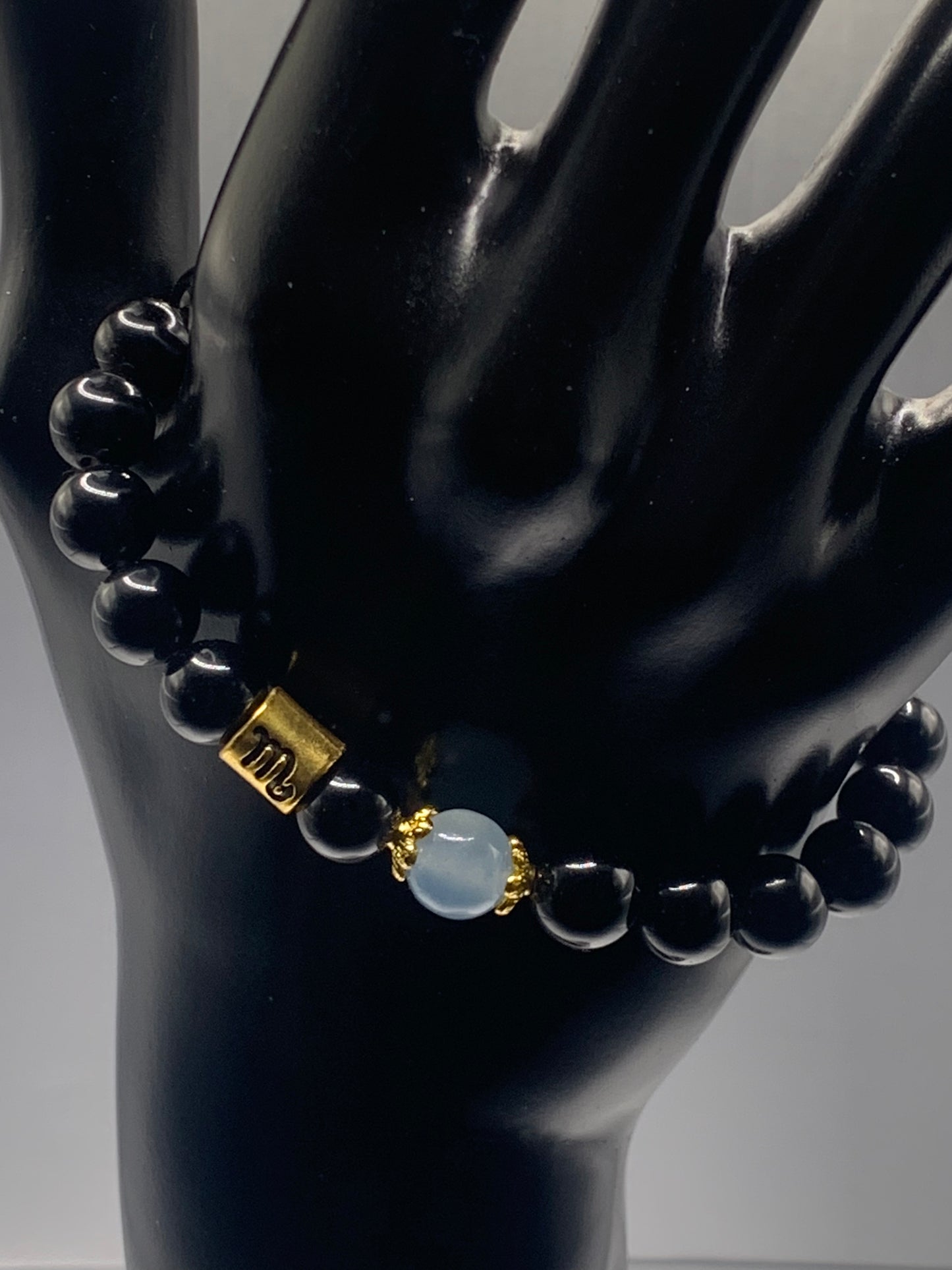 Scorpio Zodiac black obsidian with blue agate semi precious stone/crystal elastic beaded bracelet with gold accents