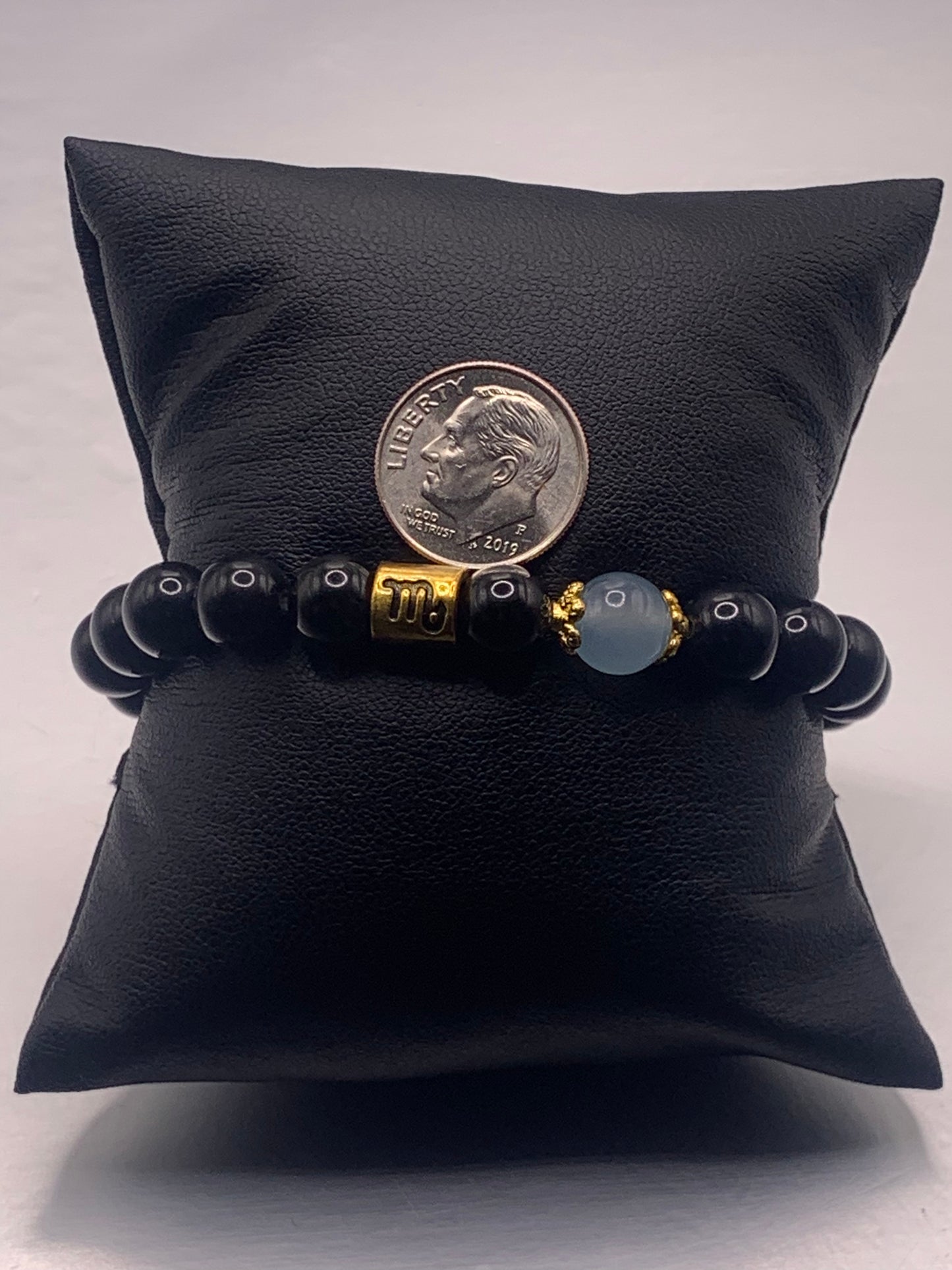 Scorpio Zodiac black obsidian with blue agate semi precious stone/crystal elastic beaded bracelet with gold accents