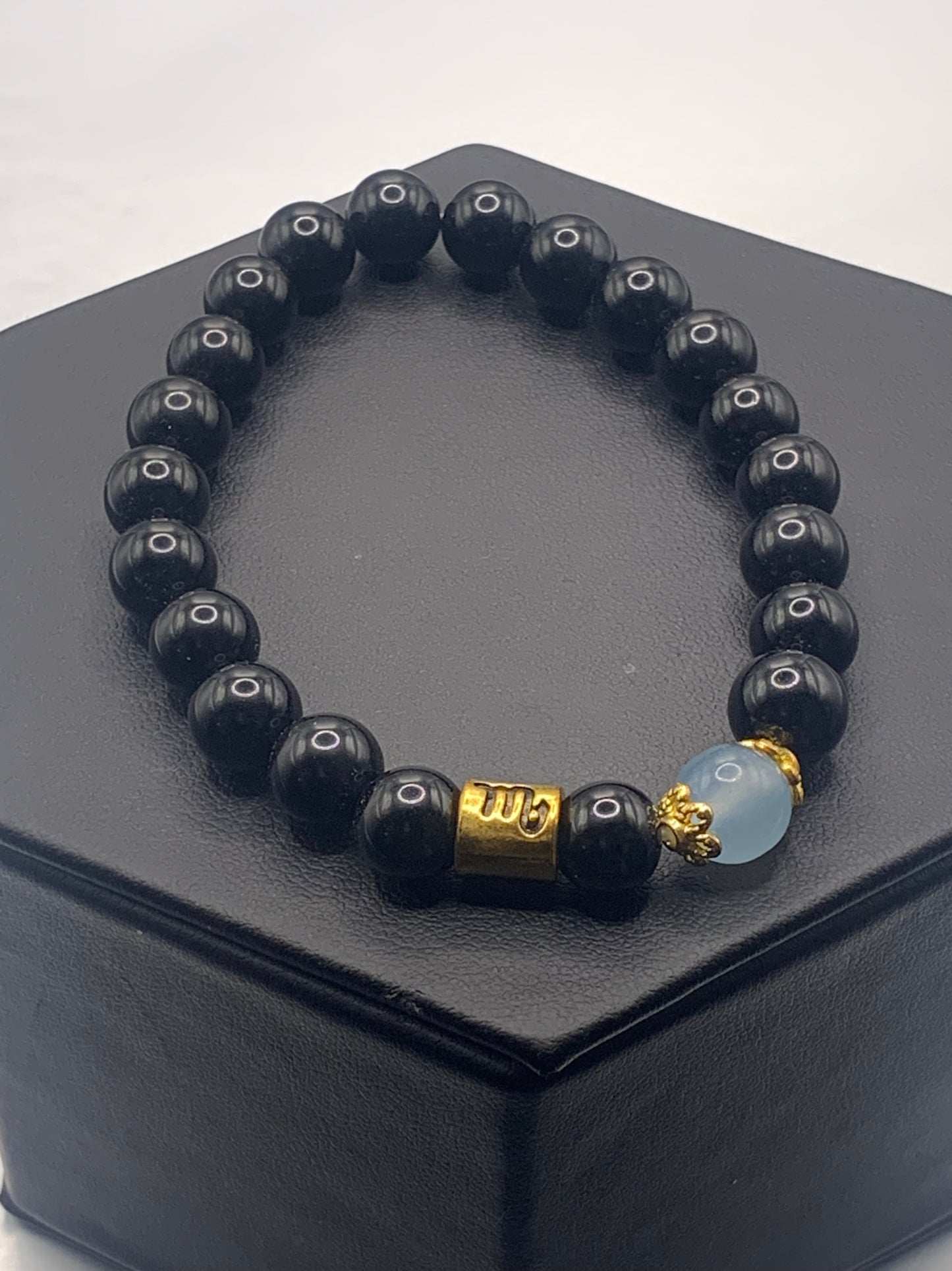 Scorpio Zodiac black obsidian with blue agate semi precious stone/crystal elastic beaded bracelet with gold accents