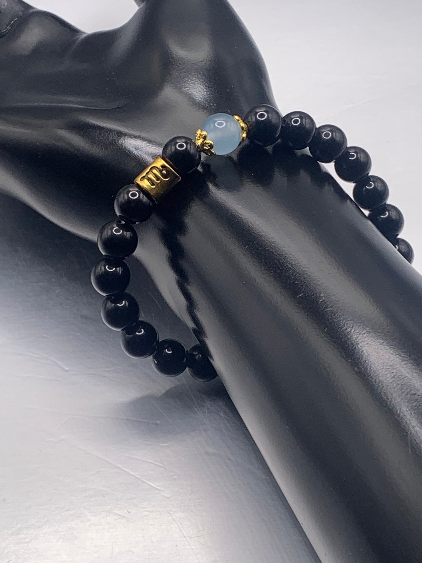 Scorpio Zodiac black obsidian with blue agate semi precious stone/crystal elastic beaded bracelet with gold accents
