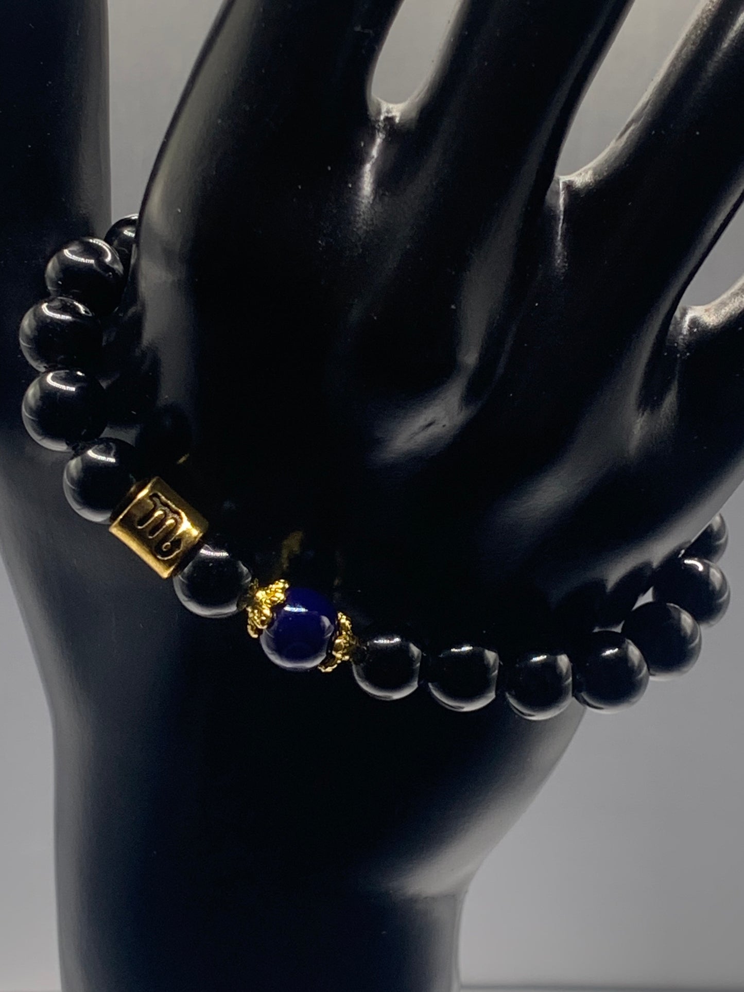 Scorpio Zodiac black obsidian with blue lace agate semi precious stone/crystal elastic beaded bracelet with gold accents
