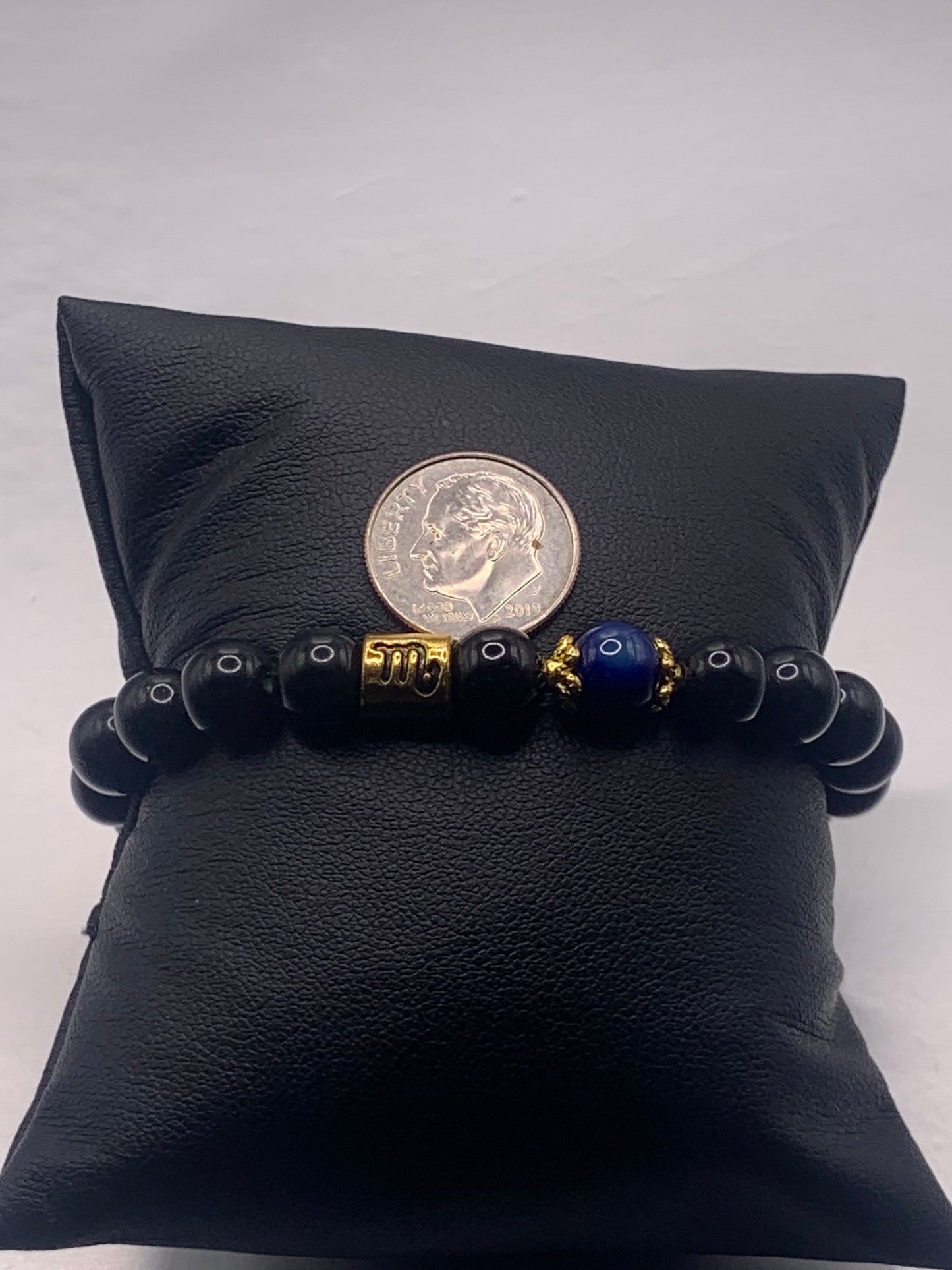 Scorpio Zodiac black obsidian with blue lace agate semi precious stone/crystal elastic beaded bracelet with gold accents