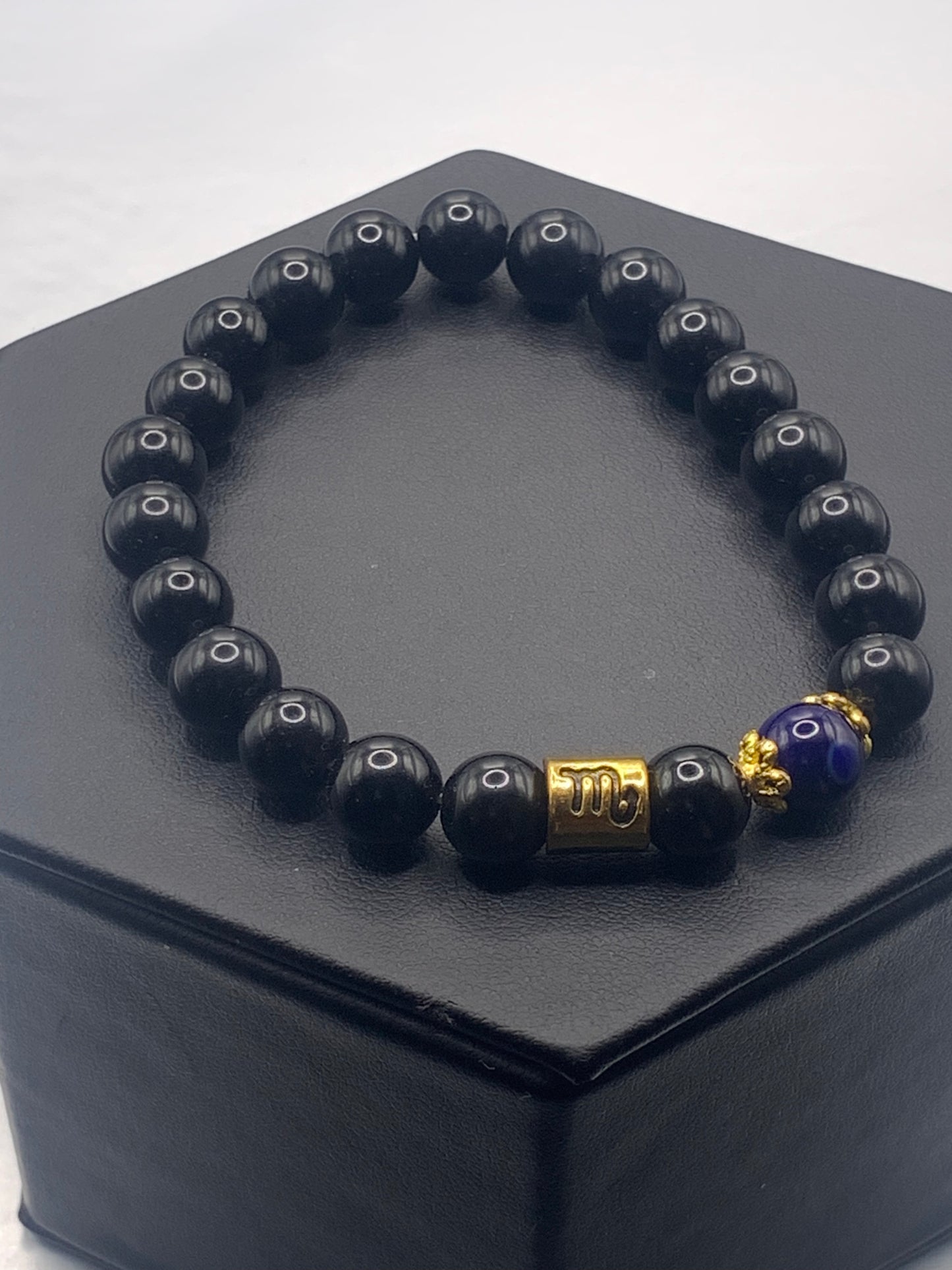 Scorpio Zodiac black obsidian with blue lace agate semi precious stone/crystal elastic beaded bracelet with gold accents