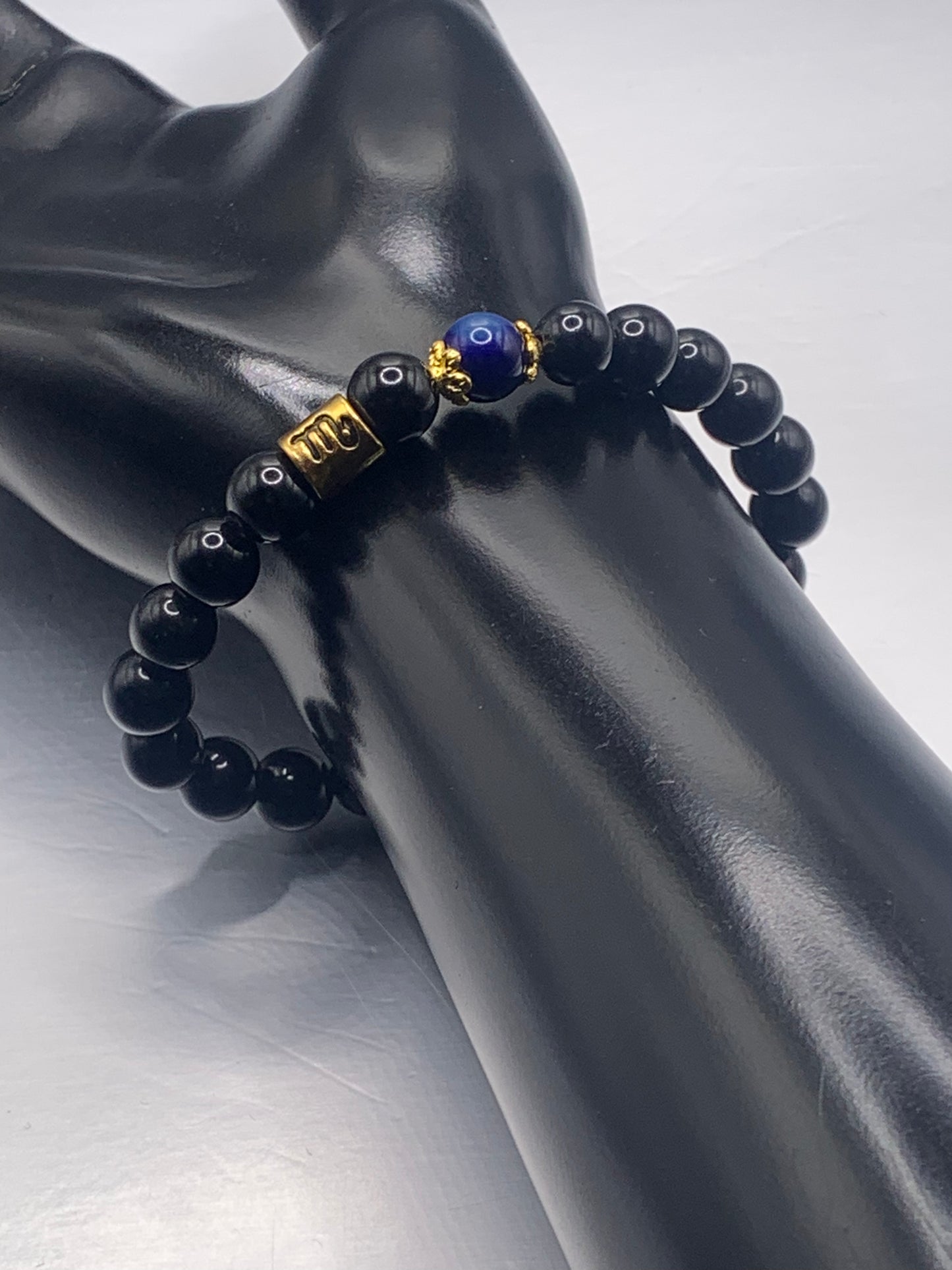 Scorpio Zodiac black obsidian with blue lace agate semi precious stone/crystal elastic beaded bracelet with gold accents