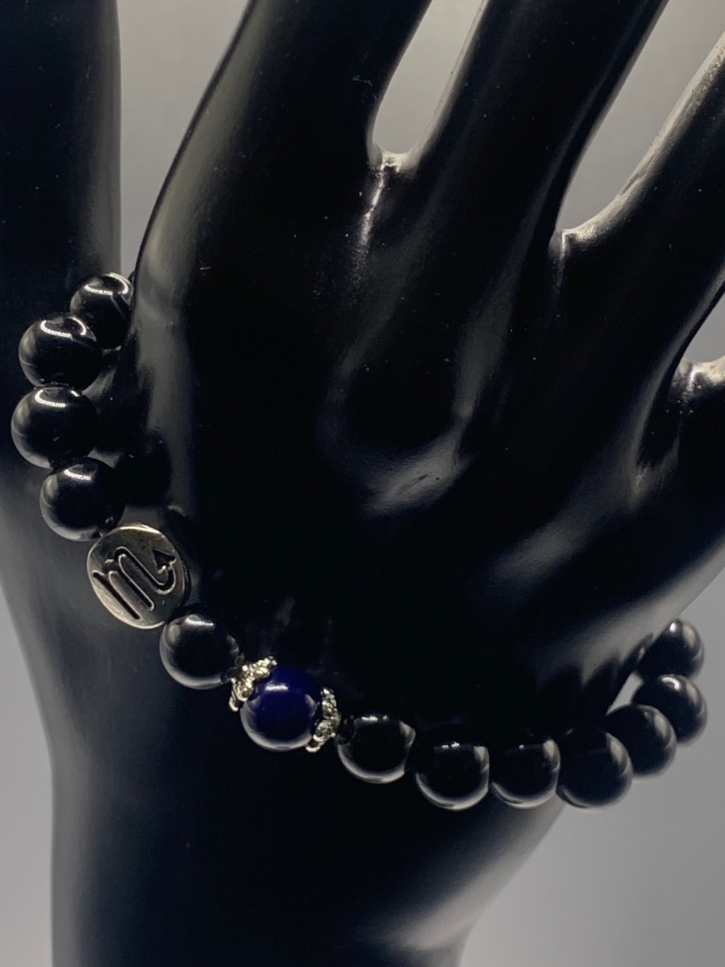Scorpio Zodiac black obsidian with blue lace agate semi precious stone/crystal elastic beaded bracelet with silver accents