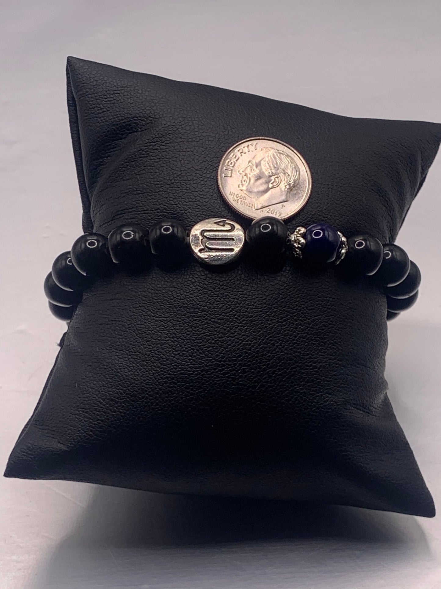Scorpio Zodiac black obsidian with blue lace agate semi precious stone/crystal elastic beaded bracelet with silver accents